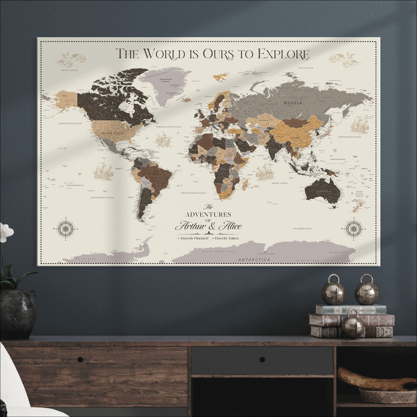 -Personalized World Map Canvas Custom Framed Push Pin Travel Tracker Contemporary Wall Art Gift Couples Explorers Home Office