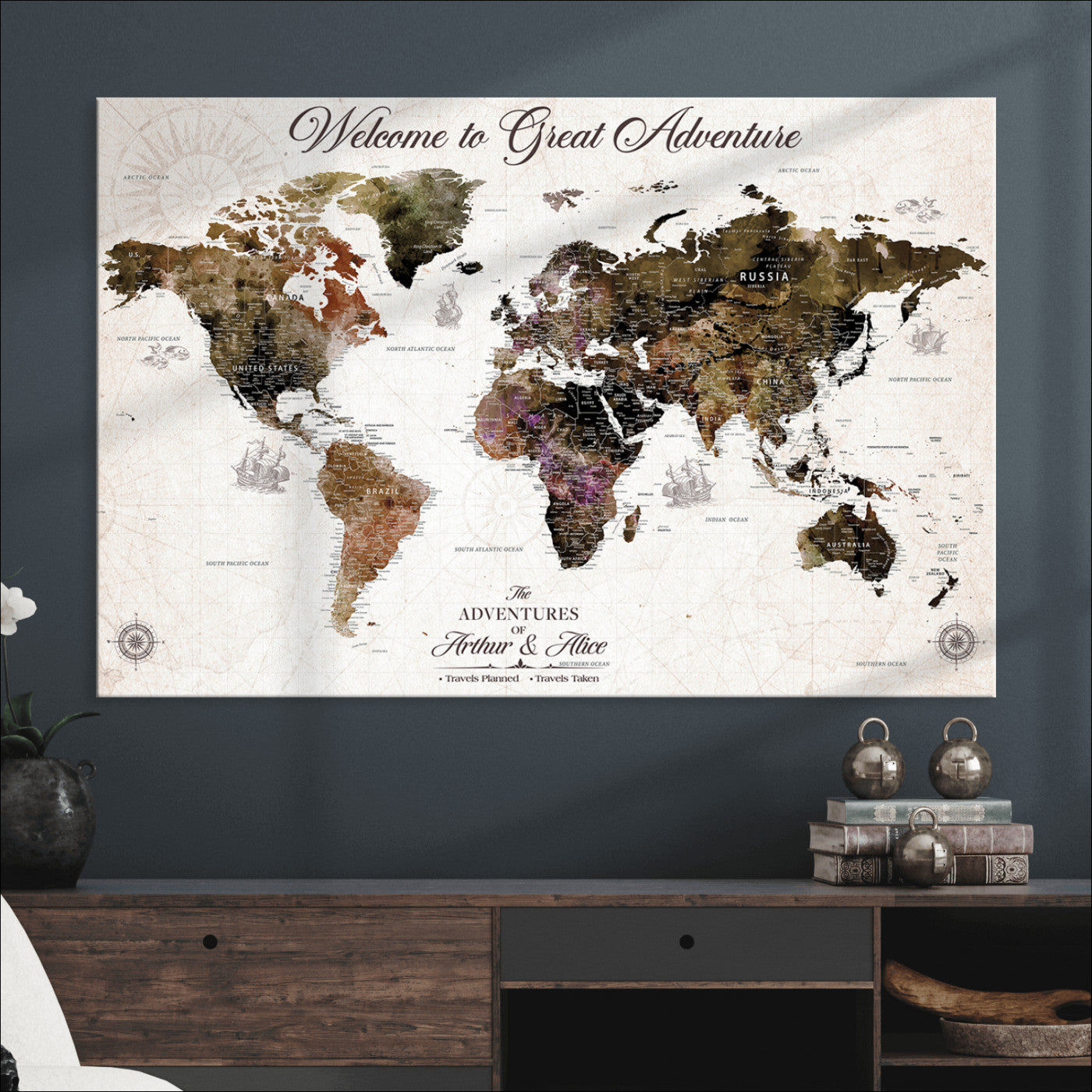 -Personalized World Map Canvas Custom Framed Push Pin Travel Tracker Vintage Adventure Wall Art Gift Couples Travelers Home, Office