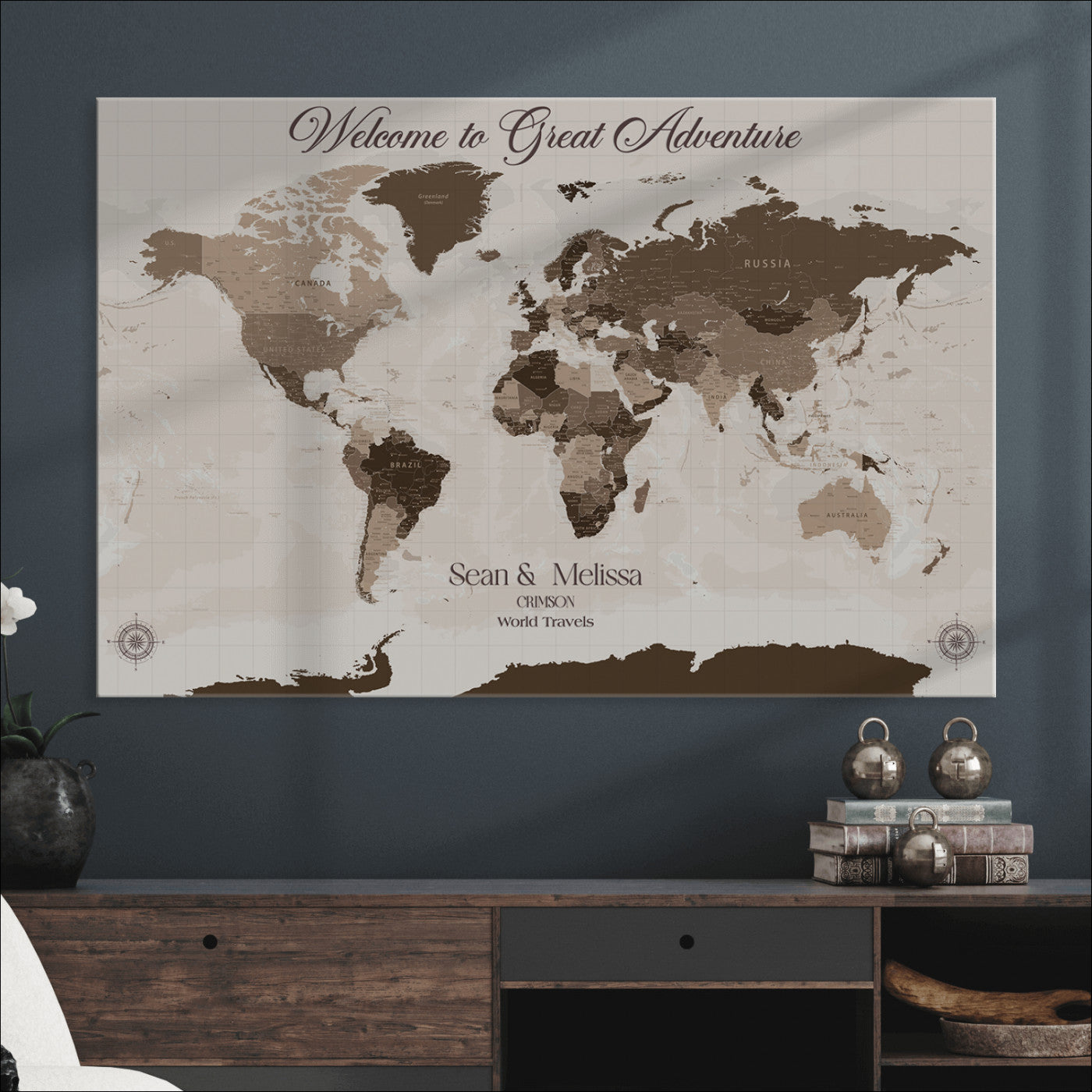 -Personalized World Map Canvas Custom Framed Push Pin Travel Tracker Modern Minimalist Wall Art Gift Couples for Home, Office