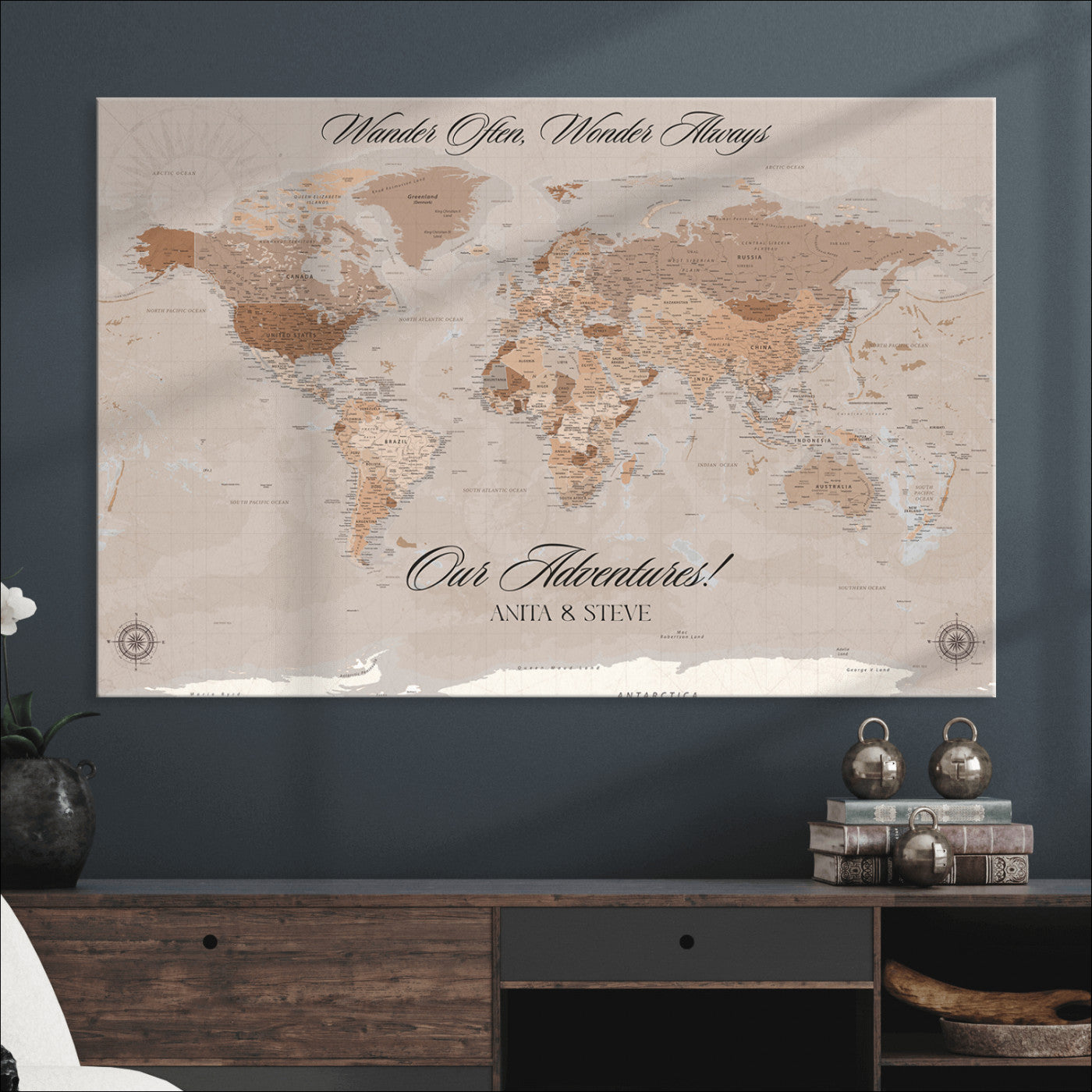 -Personalized World Map Canvas Custom Framed Push Pin Travel Tracker Elegant Neutral Wall Art Gift Couples Travelers for Home, Office