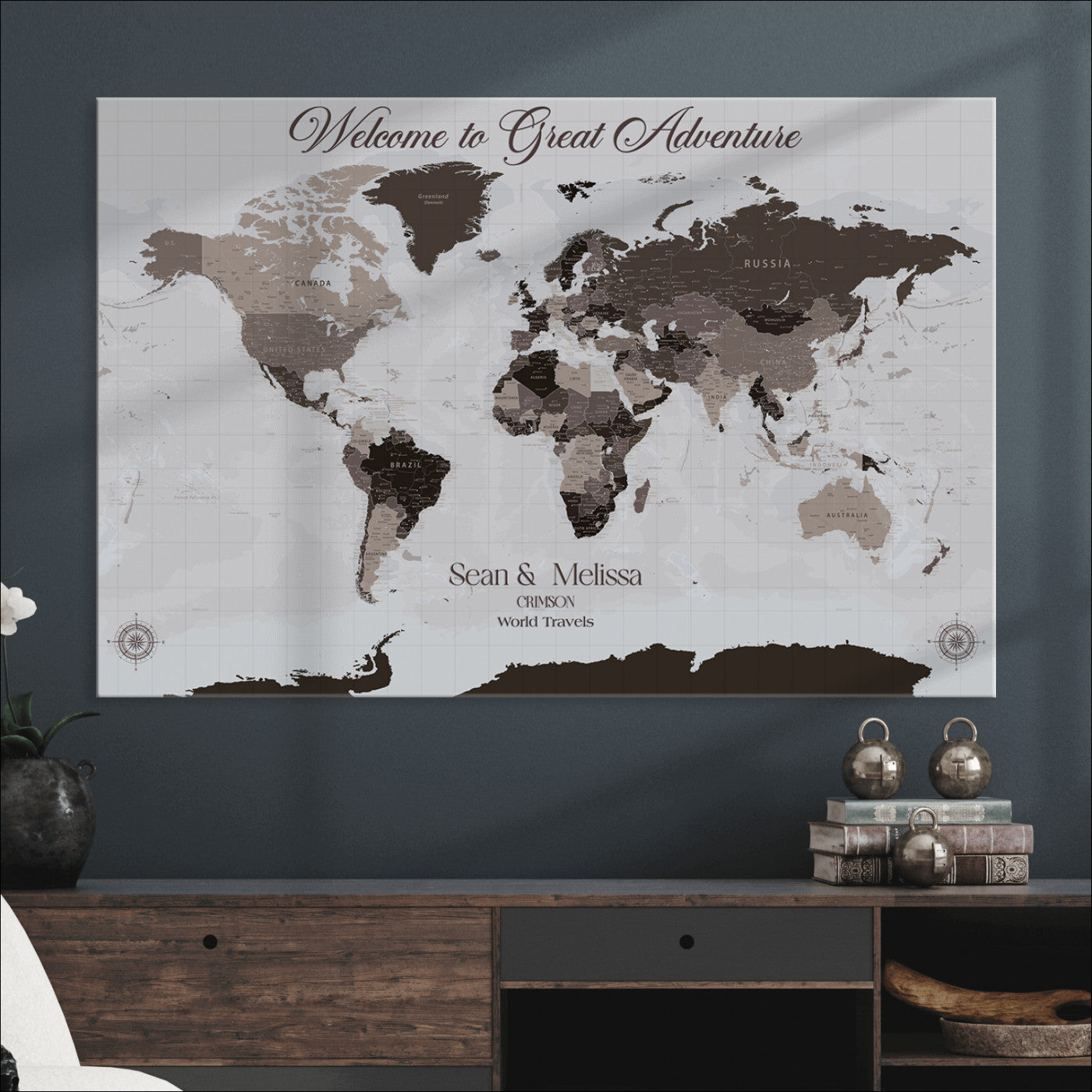 -Personalized Gray Brown World Map Canvas Custom Framed Push Pin Travel Tracker Modern Neutral Wall Art Gift Couples for Home, Office