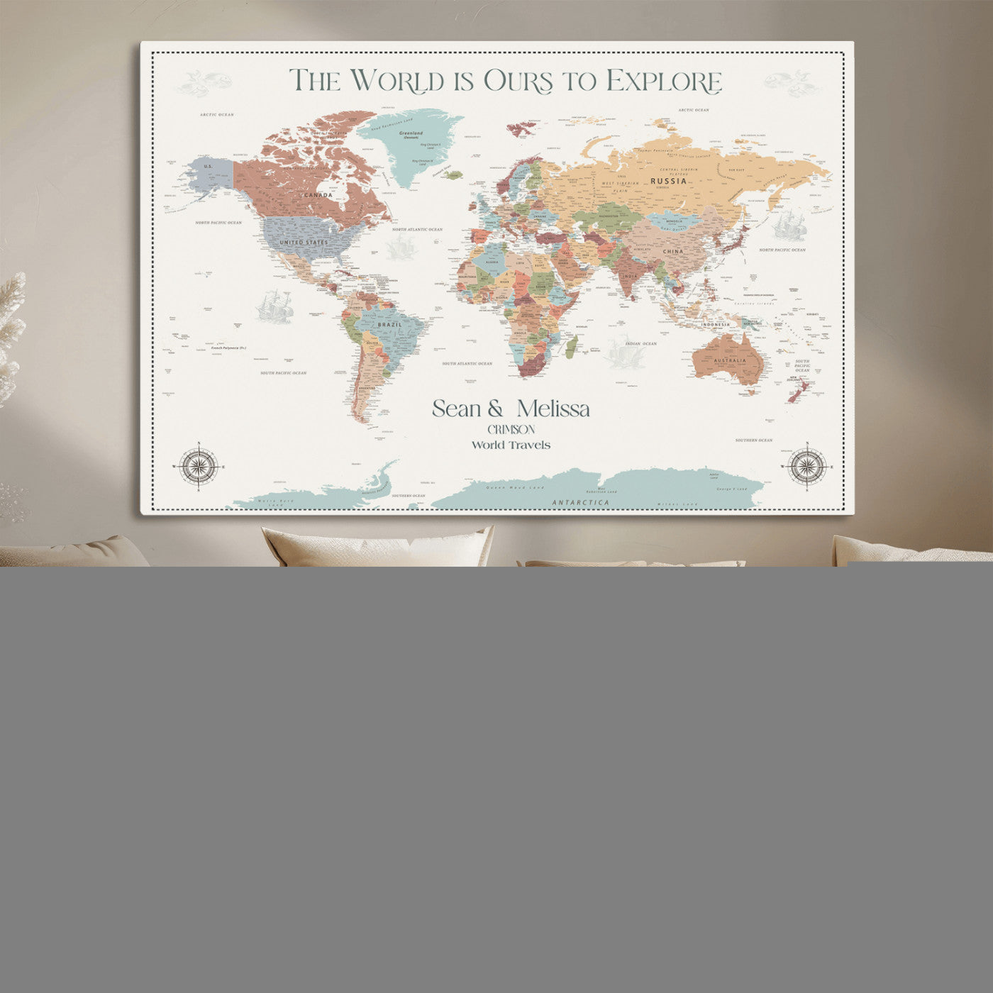 Rehber01-MGV-CV-36X24-Custom Push Pin World Map Wall Art Canvas Print – Personalized Travel Tracker with Pins Framed Large for home, office