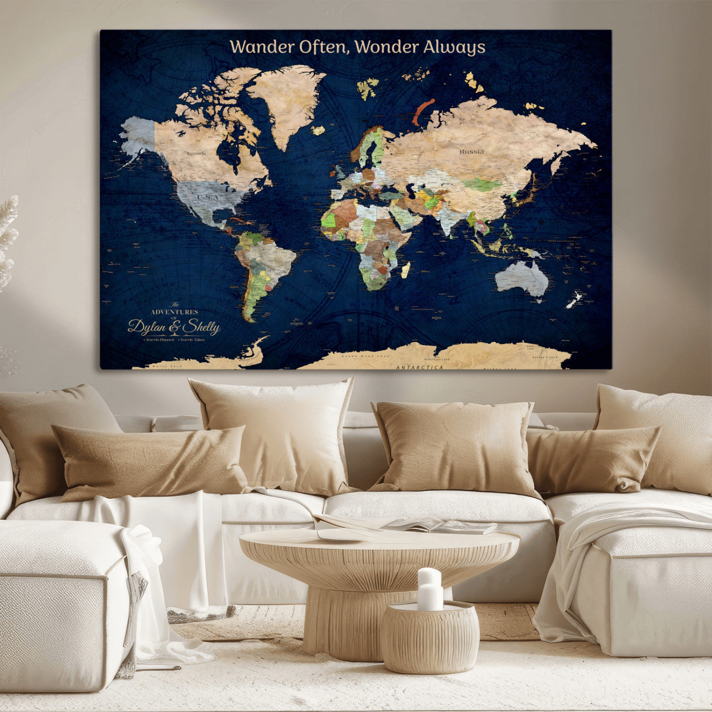Rehber01-MGV-CV-36X24-Personalized World Map Canvas – Custom Framed Push Pin Travel Map Wall Art, Navy Blue Vintage Gift for Couples and Adventurers