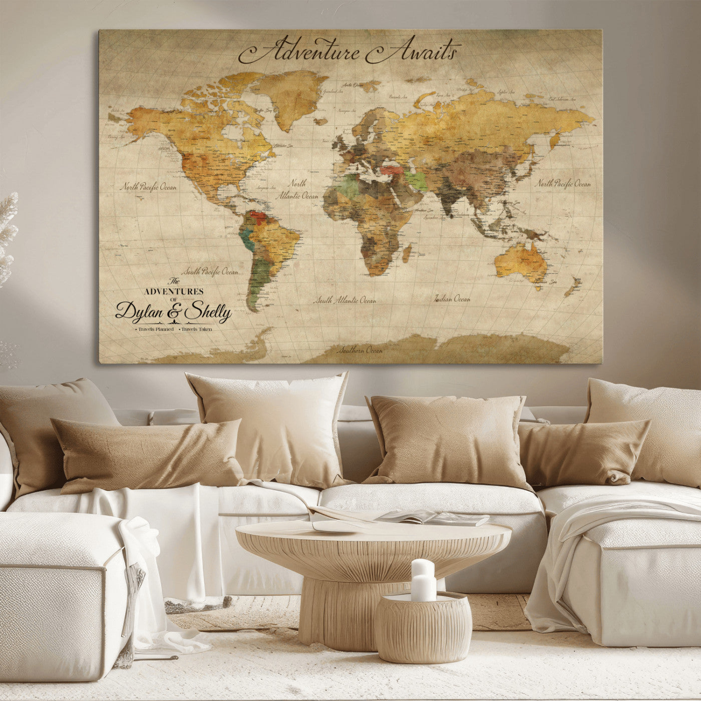 Rehber01-MGV-CV-36X24-Personalized World Map Canvas – Custom Framed Push Pin Travel Map Wall Art, Rustic Vintage Gift for Couples and Travel Lovers