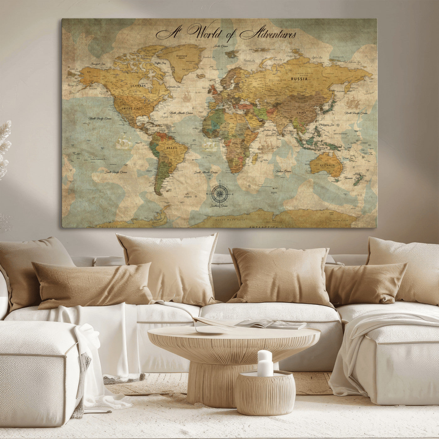 Rehber01-MGV-CV-36X24-Personalized World Map Canvas – Custom Framed Push Pin Travel Map Wall Art, Vintage Style Gift for Couples or Families