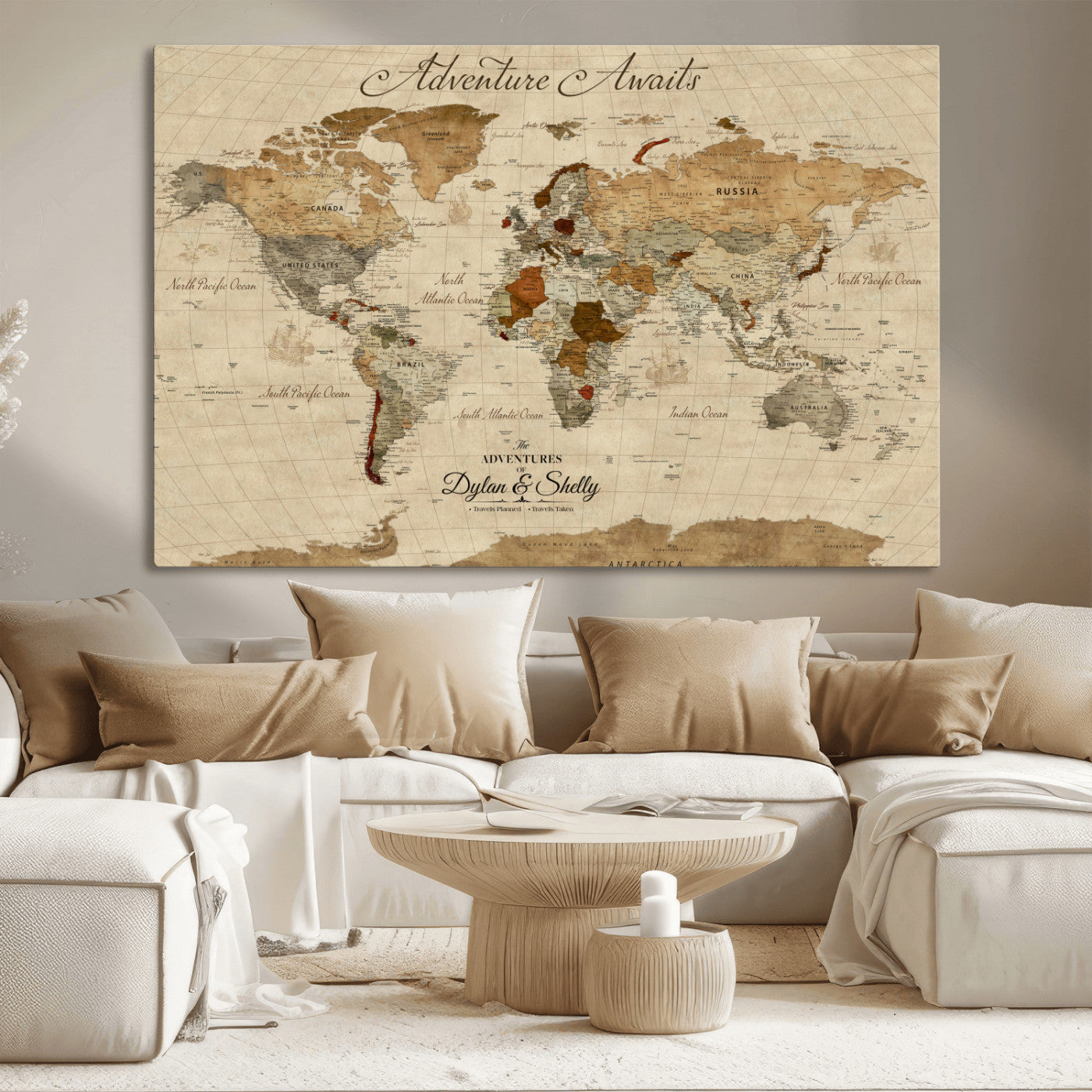 Rehber01-MGV-CV-36X24-Personalized World Map Canvas – Custom Framed Push Pin Travel Map Wall Art with Names, Vintage Style Gift for Couples