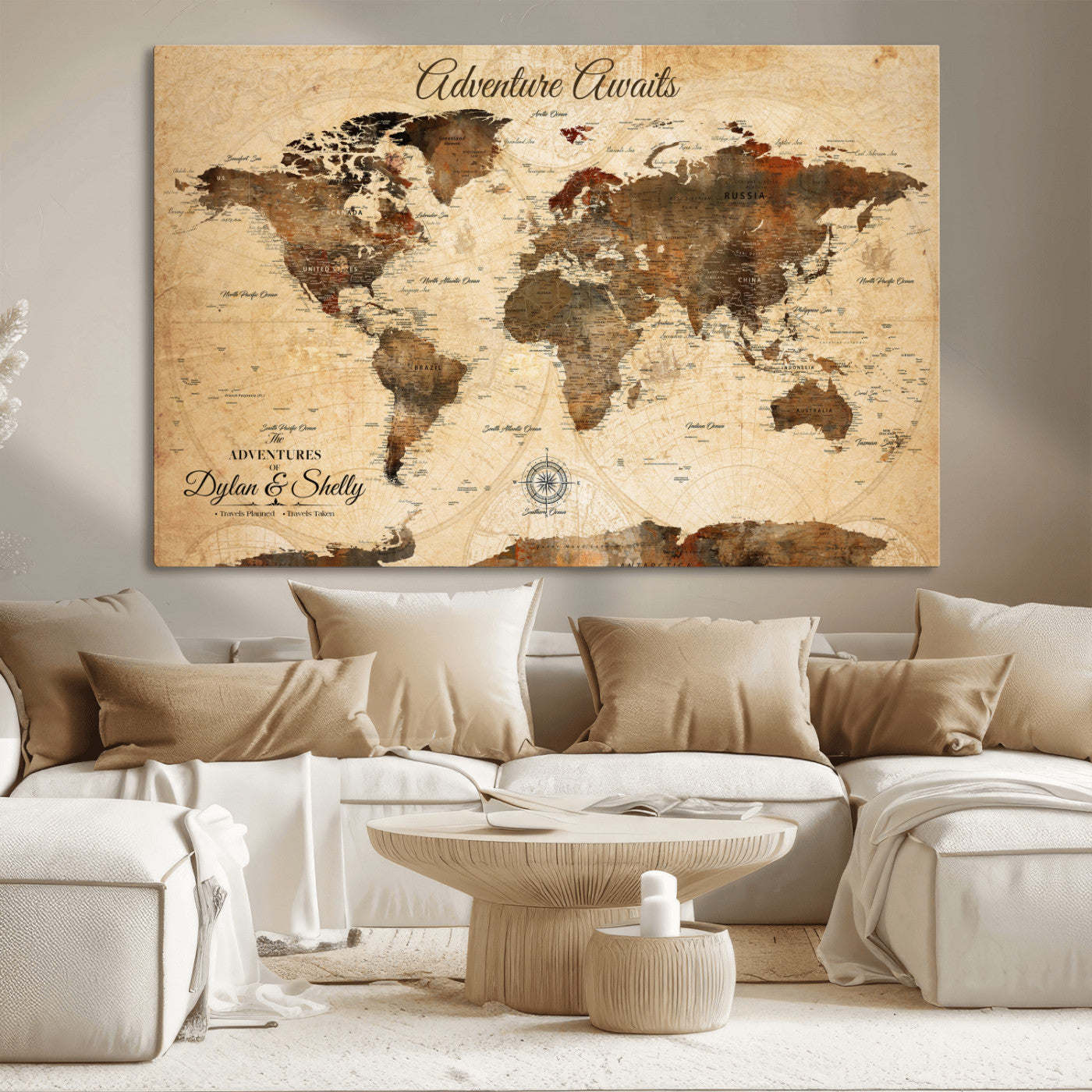 Rehber01-MGV-CV-36X24-Personalized World Map Canvas Wall Art – Custom Framed Push Pin Travel Tracker Print, Unique Gift for Home or Office Decor