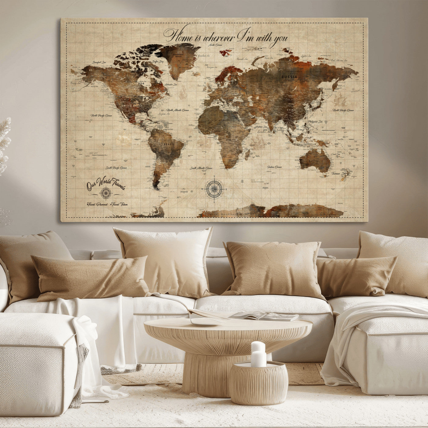Rehber01-MGV-CV-36X24-Personalized World Map Print, Customizable Push Pin Framed World Map Print on Canvas - Custom Quote