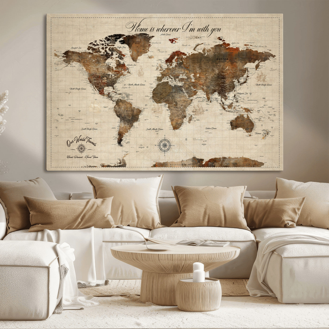Rehber01-MGV-CV-36X24-Personalized World Map Canvas Wall Art – Custom Framed Push Pin Travel Tracker Print, Unique Gift for Home or Office Decor