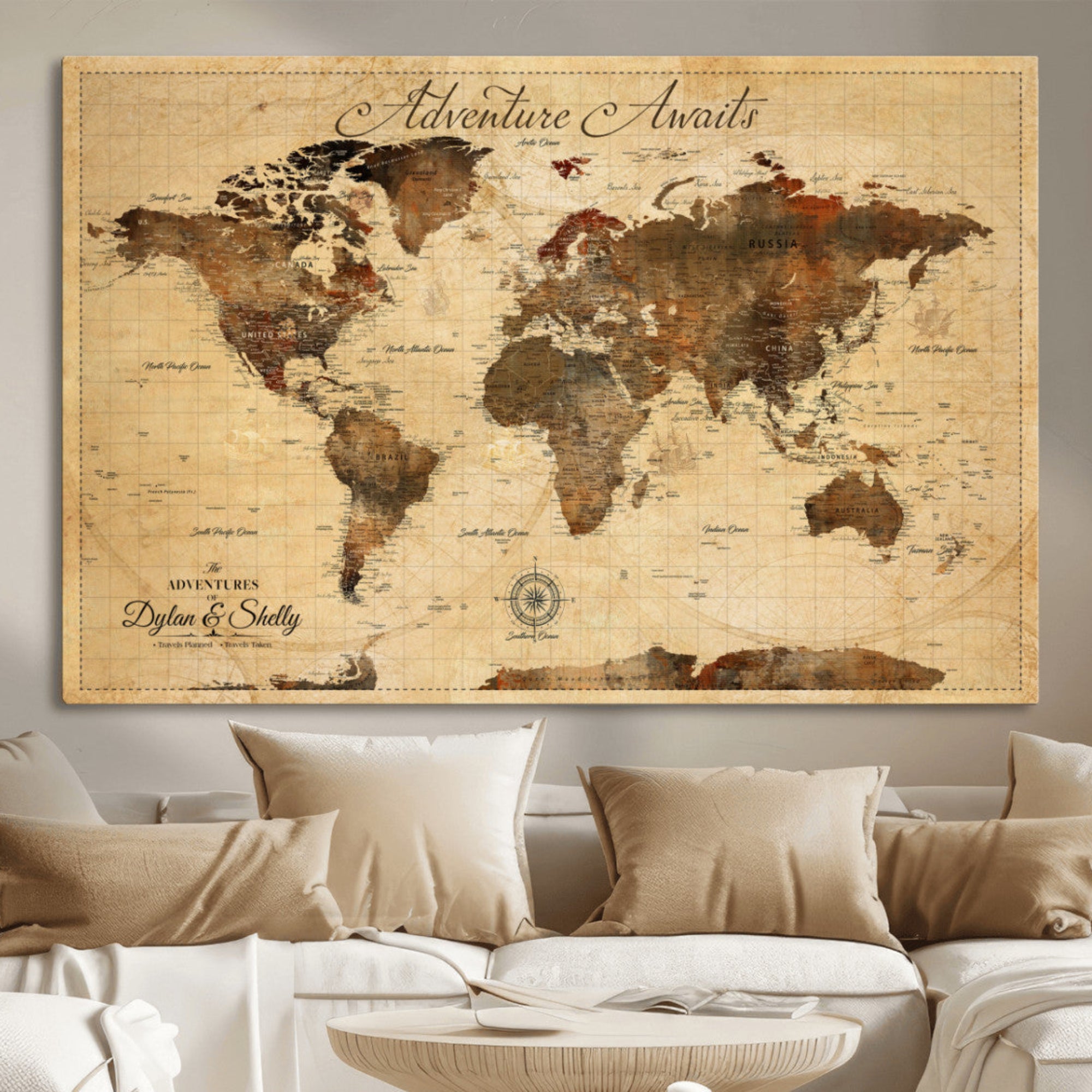Rehber01-MGV-CV-36X24-Personalized World Map Canvas Wall Art – Custom Framed Push Pin Travel Tracker Print, Unique Gift for Home or Office Decor