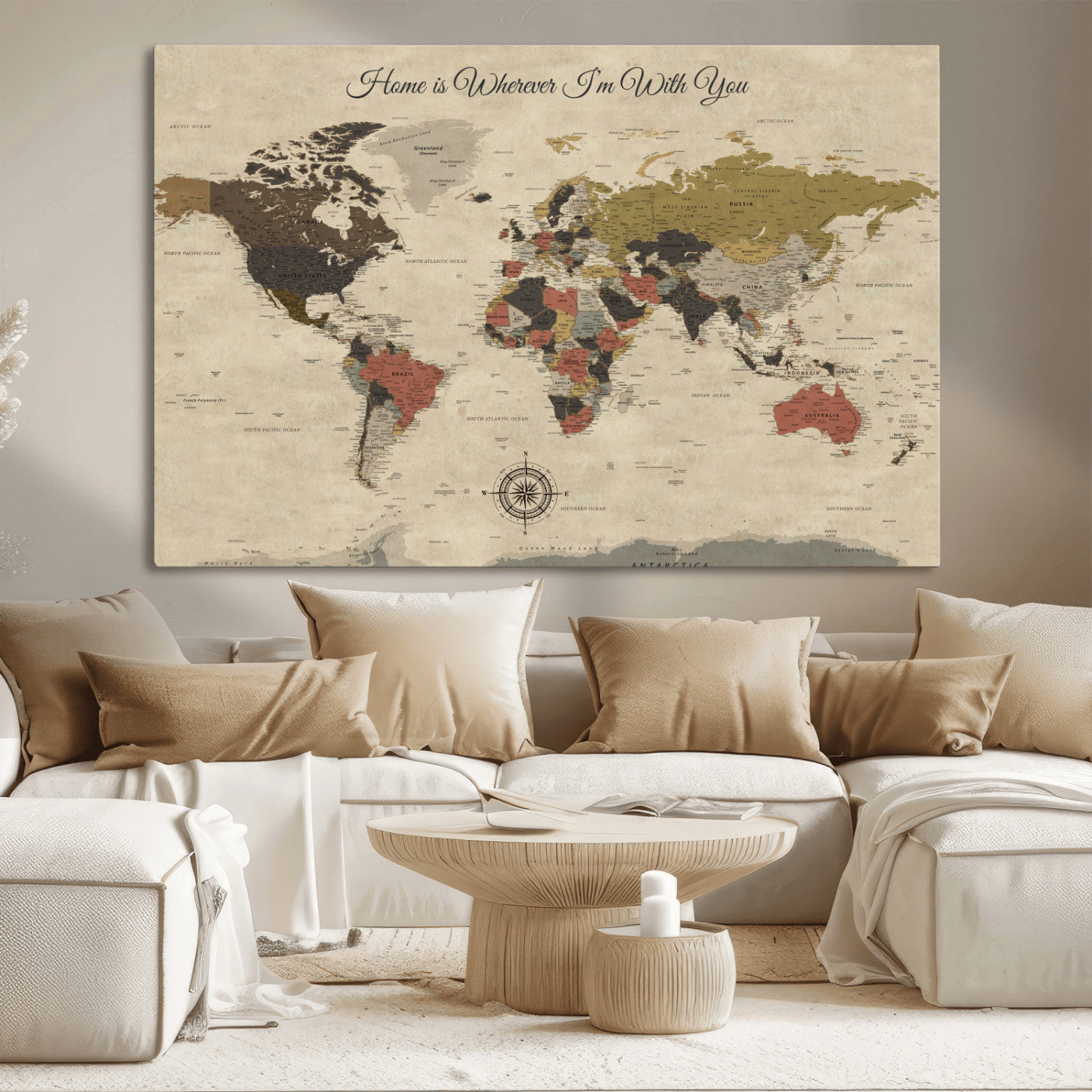-Personalized World Map Wall Art Canvas Print – Customizable Push Pin Framed Travel Map Artwork for Home Office