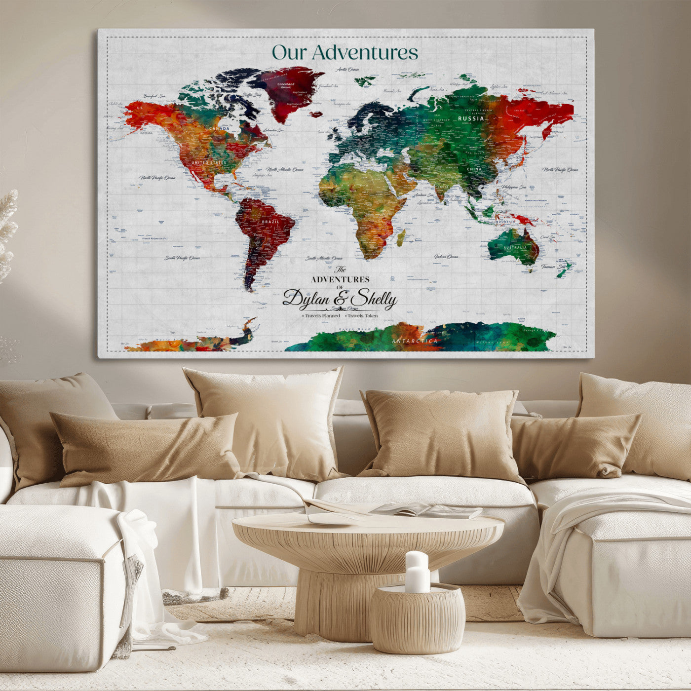 Rehber01-MGV-CV-36X24-Personalized World Map Canvas Wall Art – Custom Framed Push Pin Travel Tracker Print, Unique Gift for Home or Office Decor