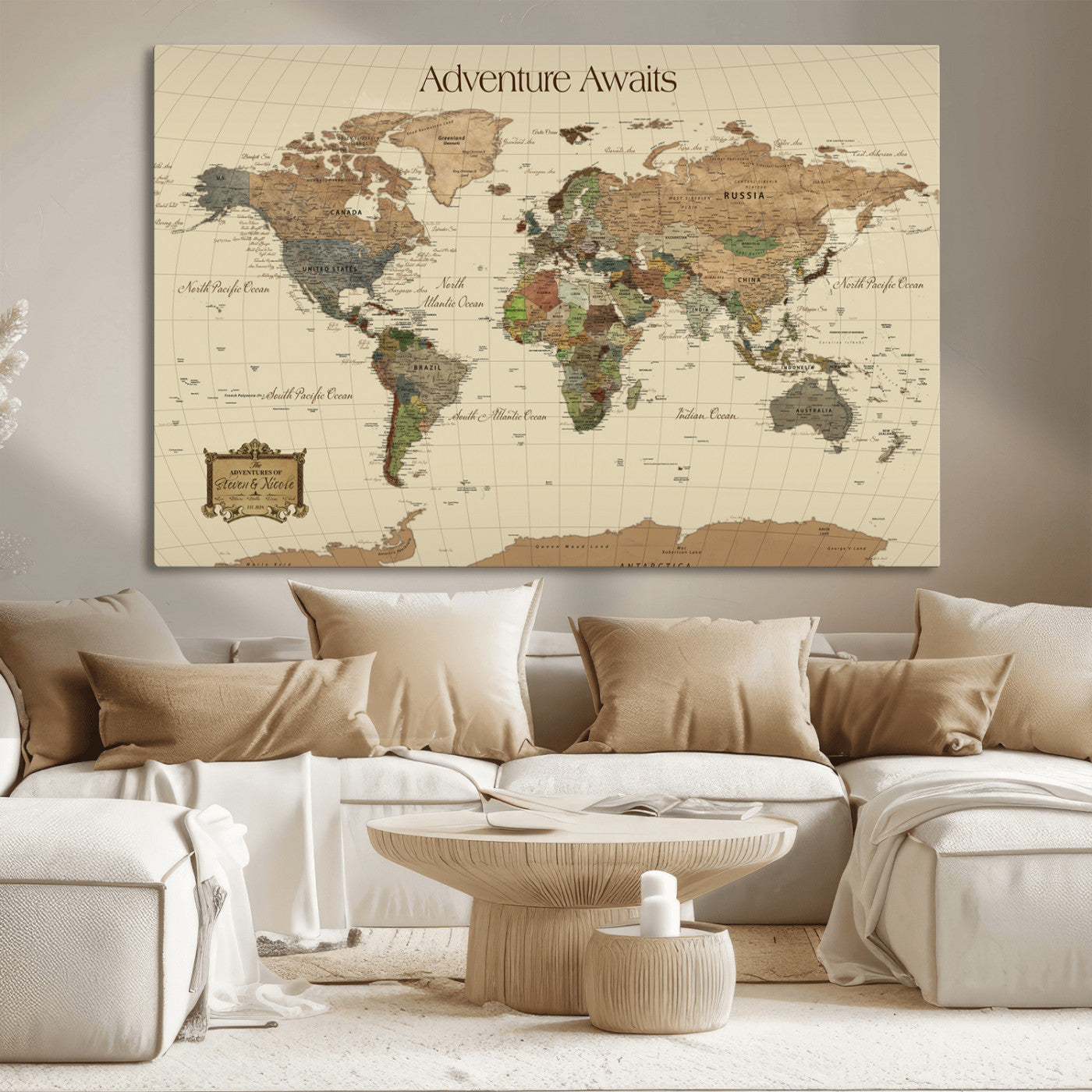 Rehber01-MGV-CV-36X24-Custom Push Pin World Map Wall Art Canvas Print – Personalized Travel Tracker Adventure Destination Gift for Home Office