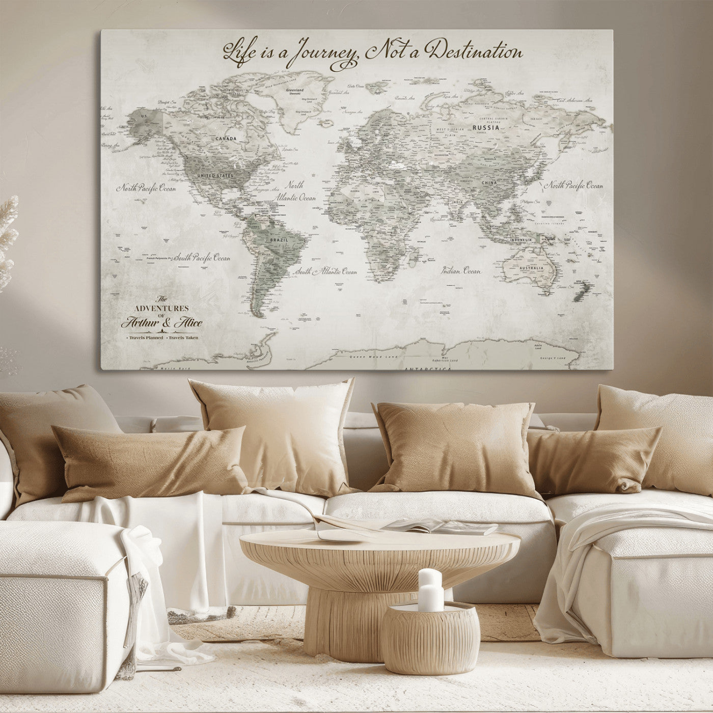 Rehber01-MGV-CV-36X24-Custom Push Pin World Map Canvas Print – Personalized Travel Tracker Wall Art, Large World Map Decor for Home, Office