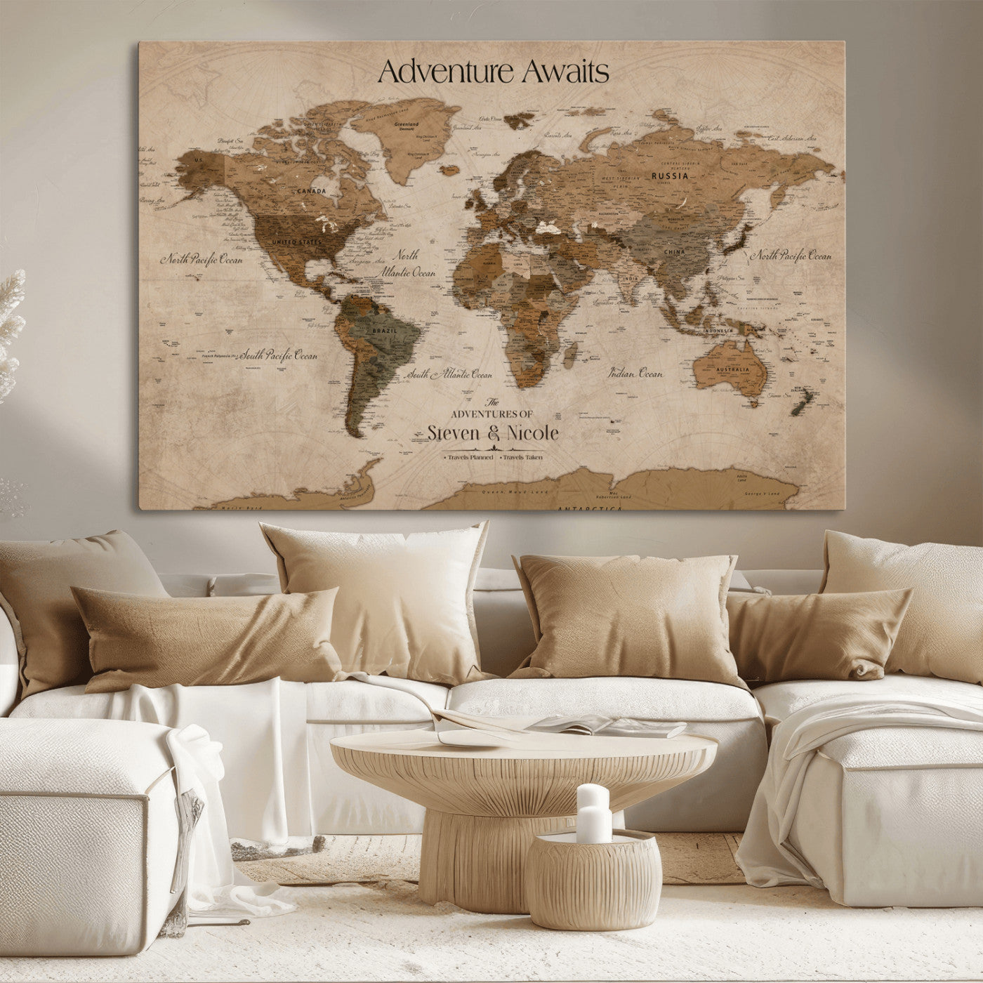 26070282-MGV-CV-36X24-Personalized Push Pin World Map Canvas – Custom Framed Travel Tracker Wall Art, Large Adventure Map with Pins for Home, Office