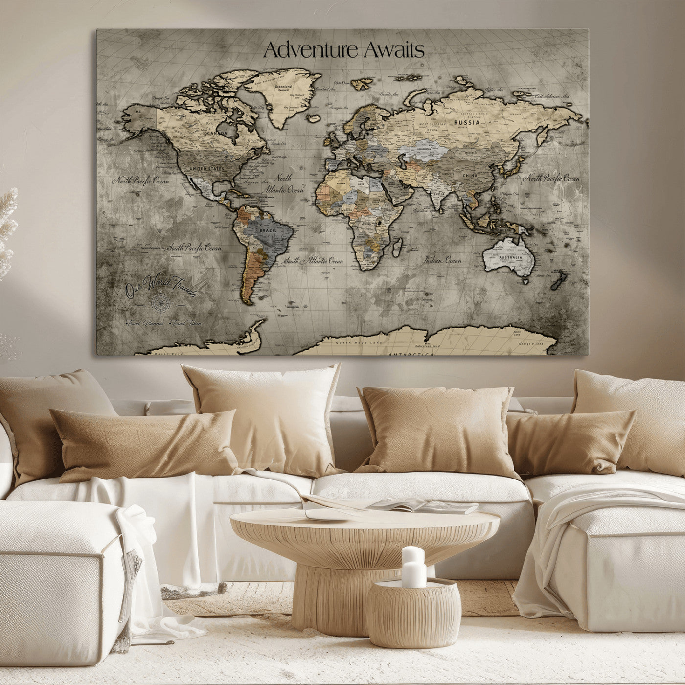 -Tree Rings Wall Art Canvas Print, Framed Wood Texture Art Picture Print, Blue Grain Perfect Rustic