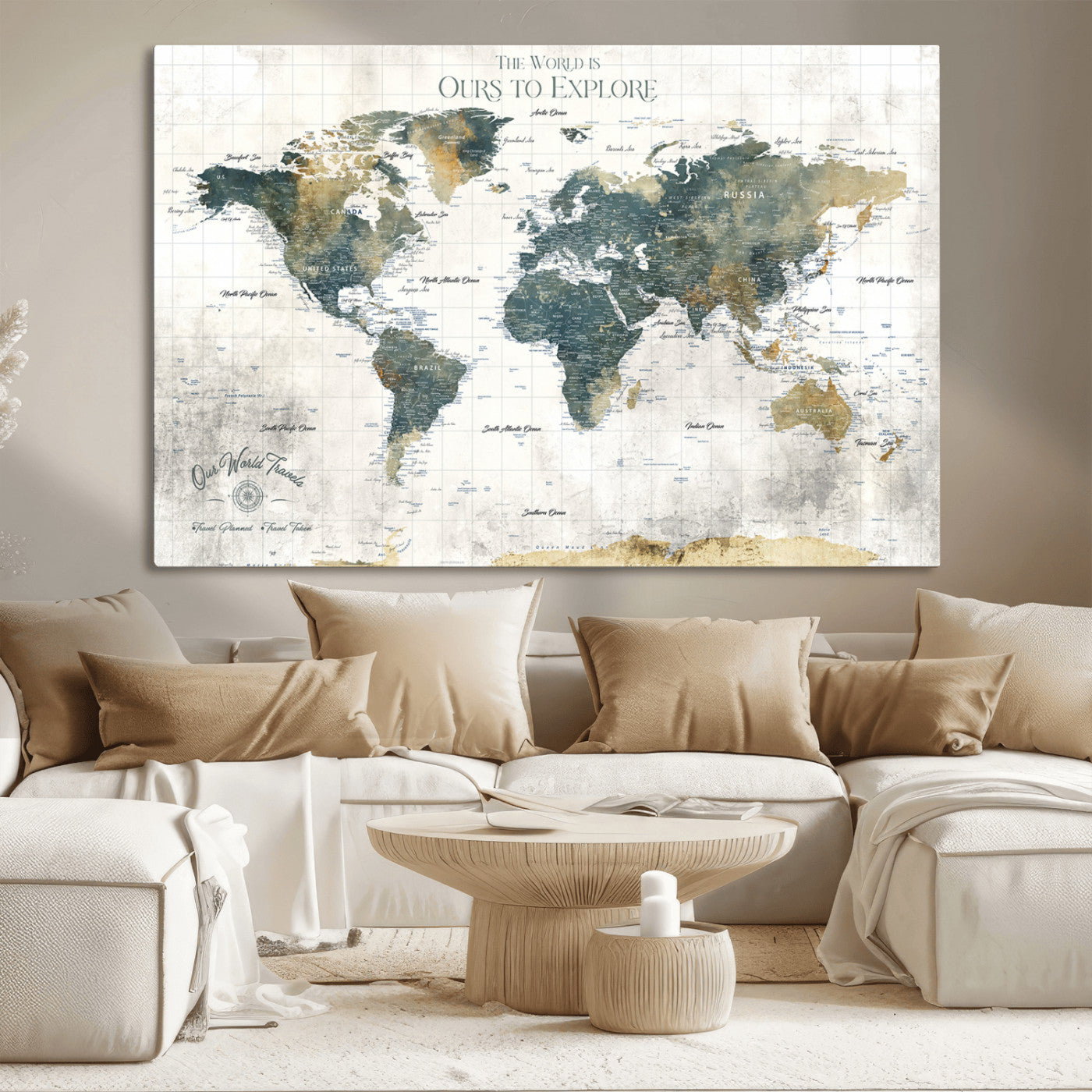 -Custom Push Pin World Map Wall Art Canvas Print – Adventure Travel Tracker Map with Pins Artwork for Home Office