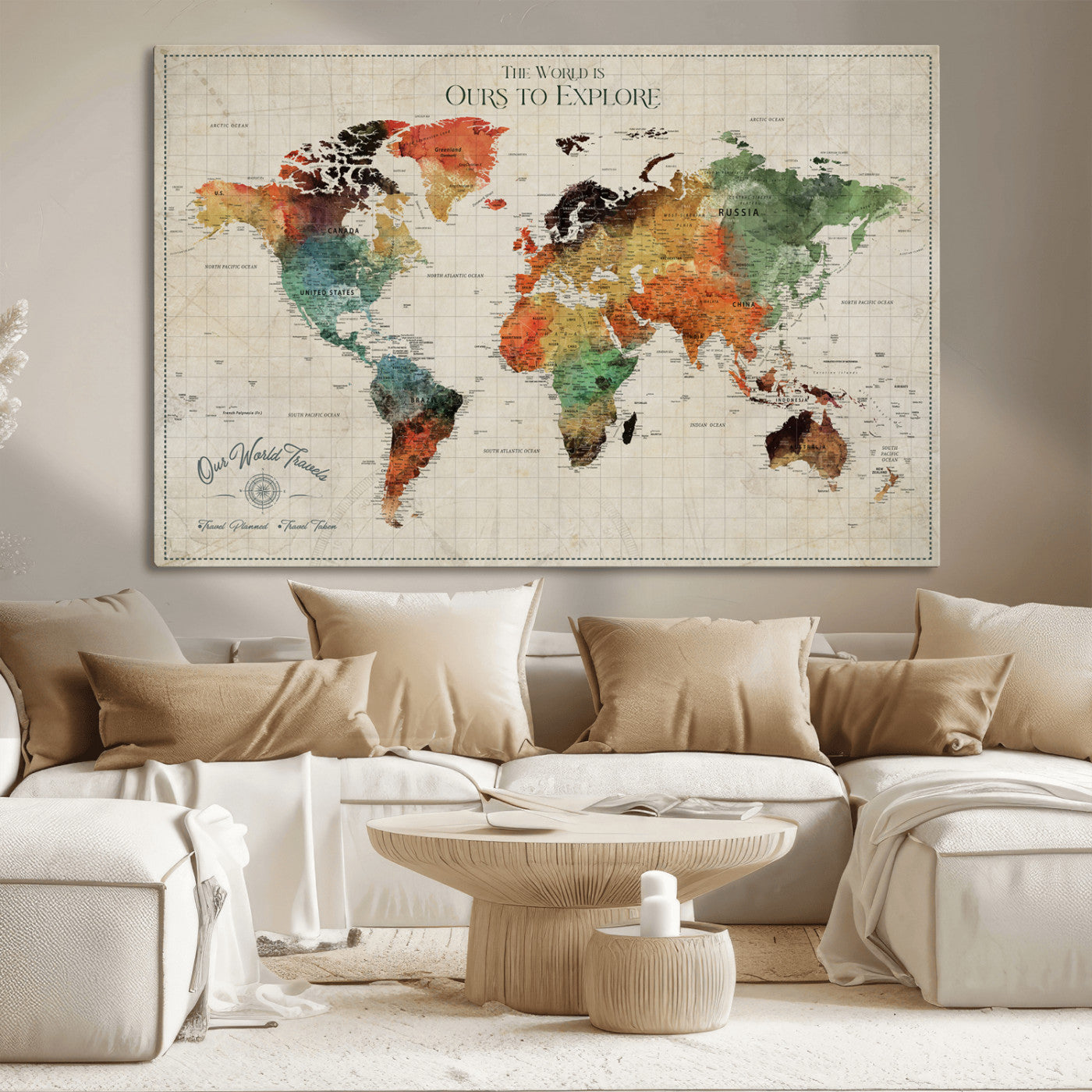 Rehber01-MGV-CV-36X24-Custom Push Pin World Map Wall Art Canvas Print – Personalized Travel Tracker Map Framed Artwork for Home Office