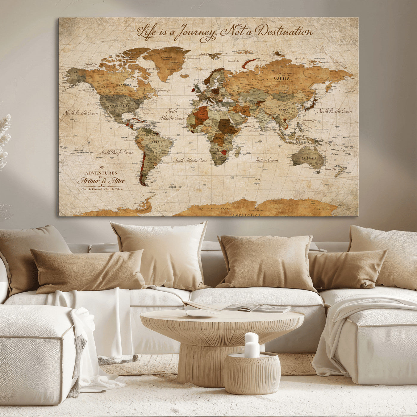 79036691-MGV-CV-36X24-Personalized World Map Canvas Wall Art – Custom Framed Push Pin Travel Tracker Print, Unique Gift for Home or Office Decor