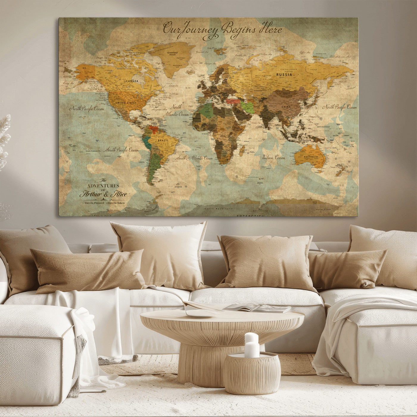 40572820-MGV-CV-36X24-Personalized World Map Canvas – Custom Framed Push Pin Travel Map Wall Art, Vintage Style Gift for Couples