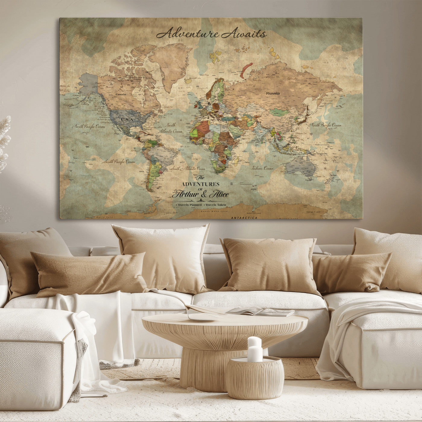 Rehber01-MGV-CV-36X24-Personalized Vintage World Map Canvas Print – Custom Push Pin Travel Map Antique Style Gift for Couples Travelers for Home Office