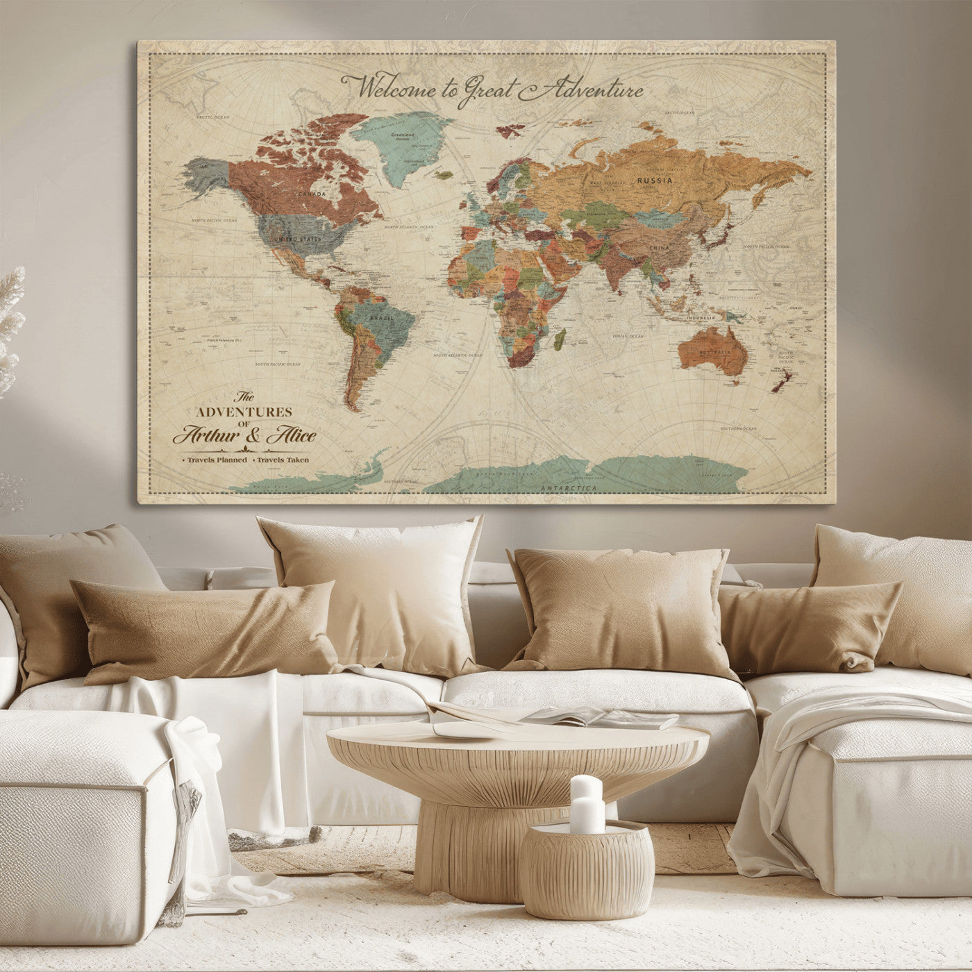 Rehber01-MGV-CV-36X24-Personalized Antique World Map Canvas Print – Custom Push Pin Travel Map Vintage Gift for Couples Explorers for Home, Office