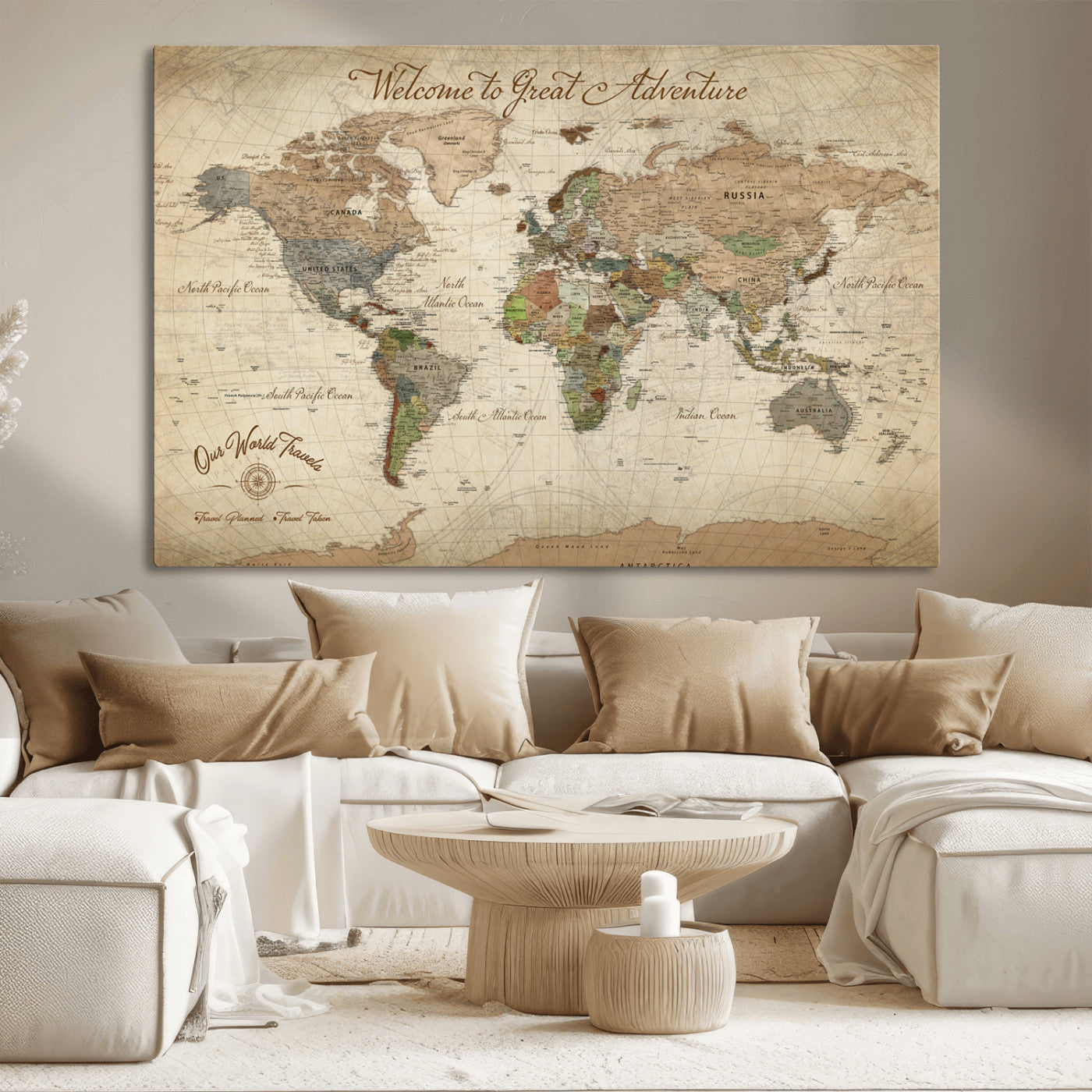 -Personalized Antique World Map Canvas Print – Custom Push Pin Travel Tracker Vintage Adventure Gift for Couples for Home, Office
