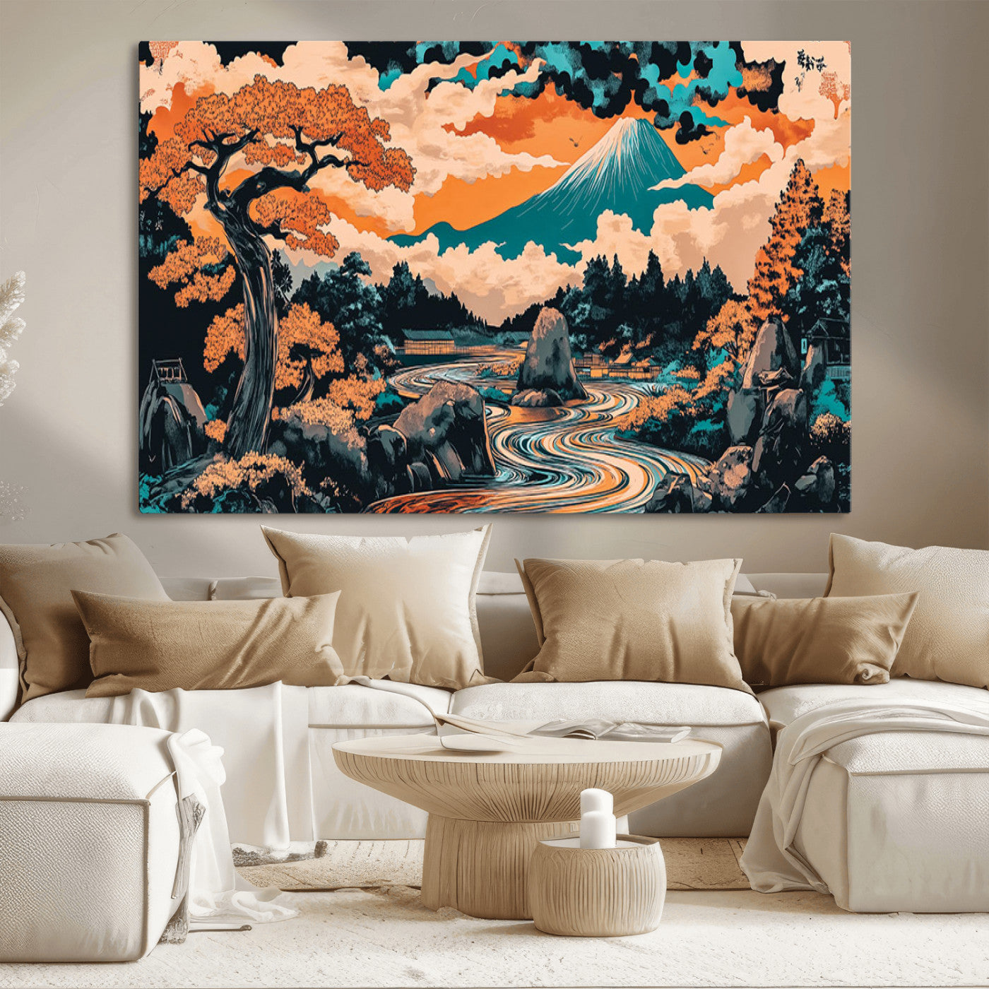 A vibrant Japanese-inspired landscape featuring Mount Fuji, a winding river, and autumn-colored trees under a dramatic sky, in bold and vivid hues.