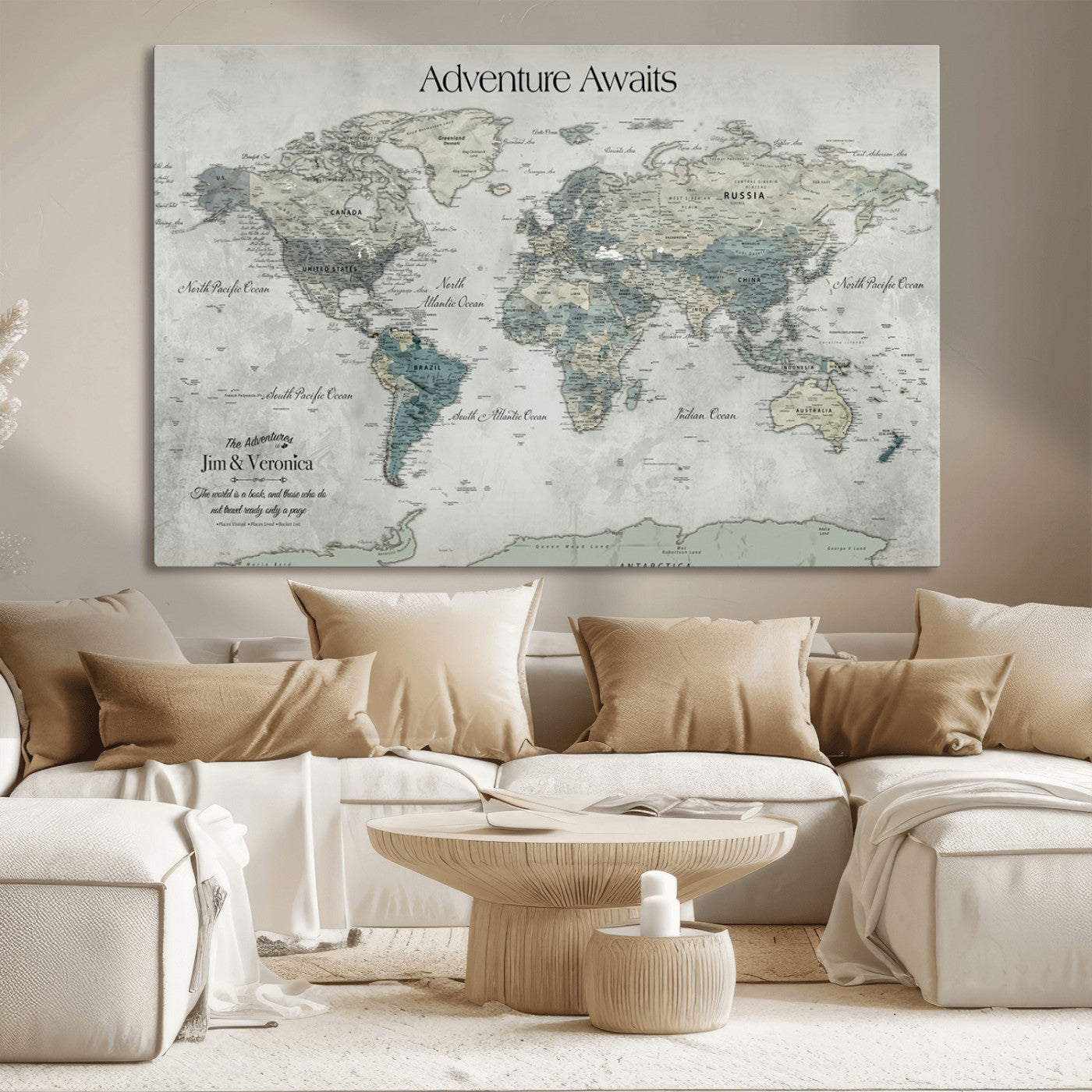 -Personalized Push Pin World Map Canvas Print – Custom Adventure Travel Map Framed Wall Art Gift for home, office