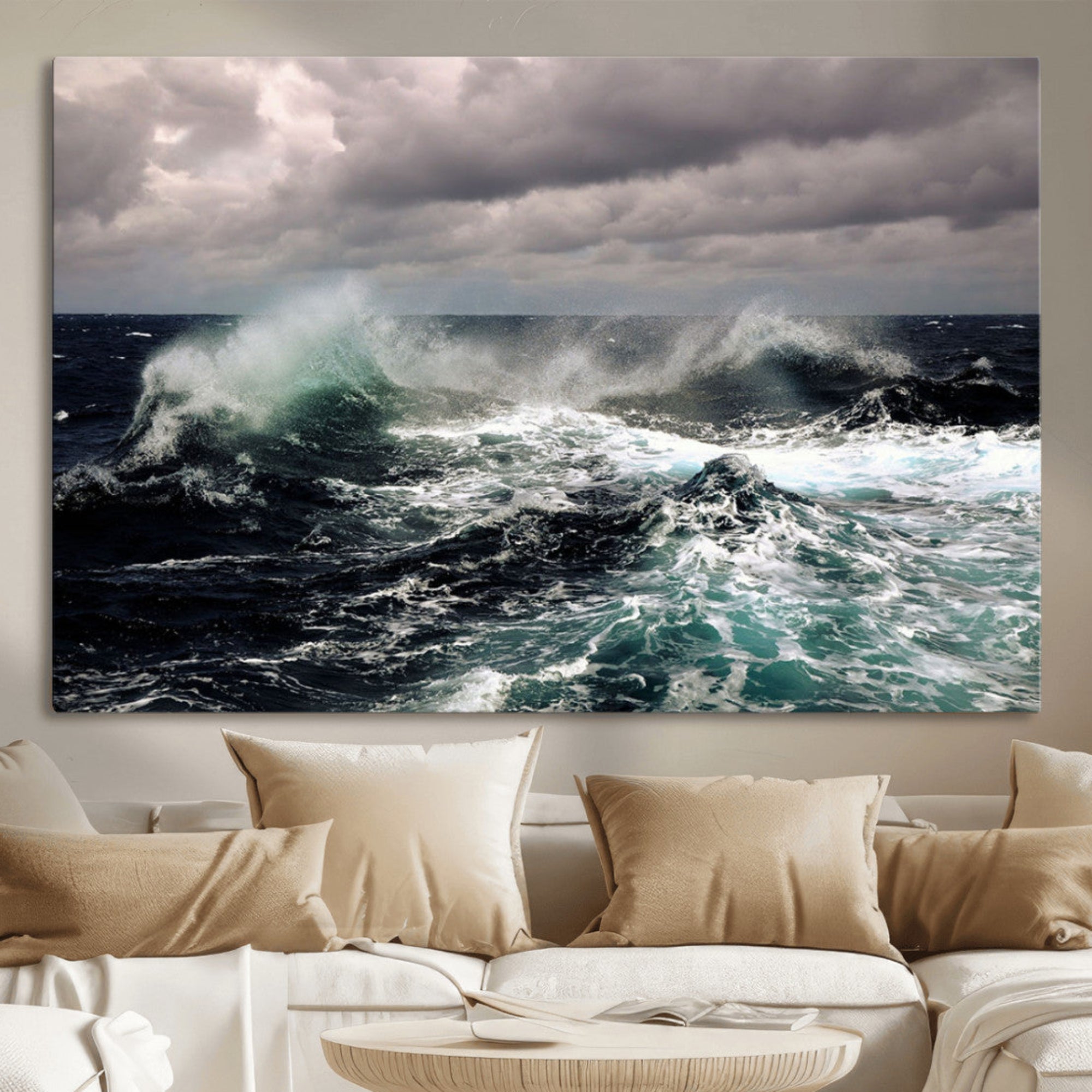 38622353-MGV-CV-36X24-Stormy Ocean Waves Canvas Wall Art – Framed Turbulent Sea Large Nature Artwork for Home, Office, Living Room