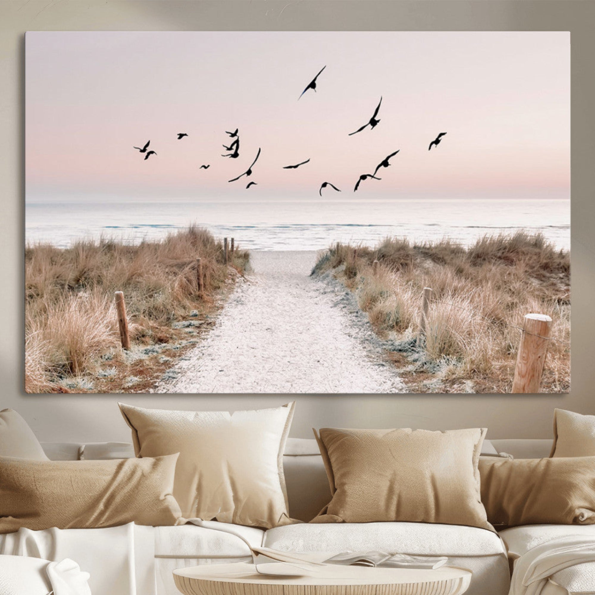 34632598-MGV-CV-36X24-Coastal Pathway Canvas Wall Art Print – Framed Seaside Landscape Decor Large Beach and Birds Artwork for Home Office