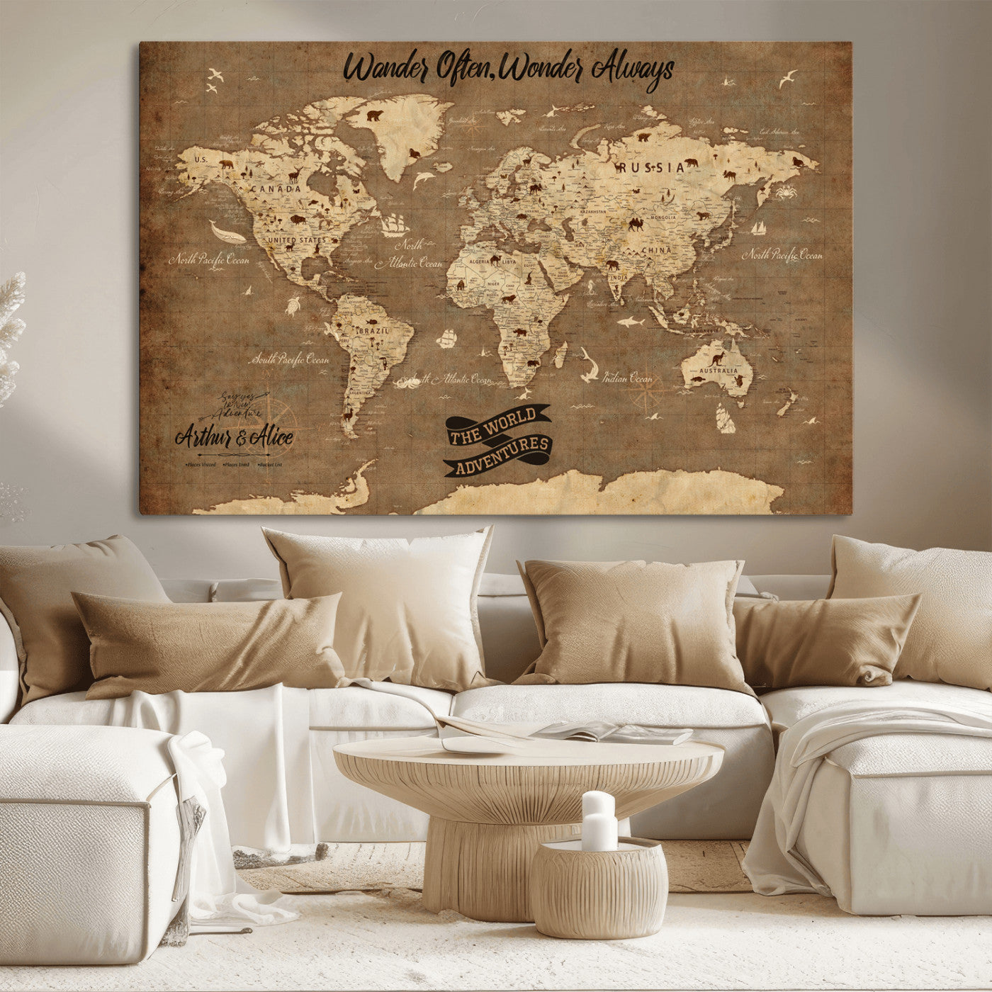 Rehber01-MGV-CV-36X24-Customize Push Pin World Map Wall Art Canvas Print – Personalized Kids Room Framed Map Adventure Travel for home, office