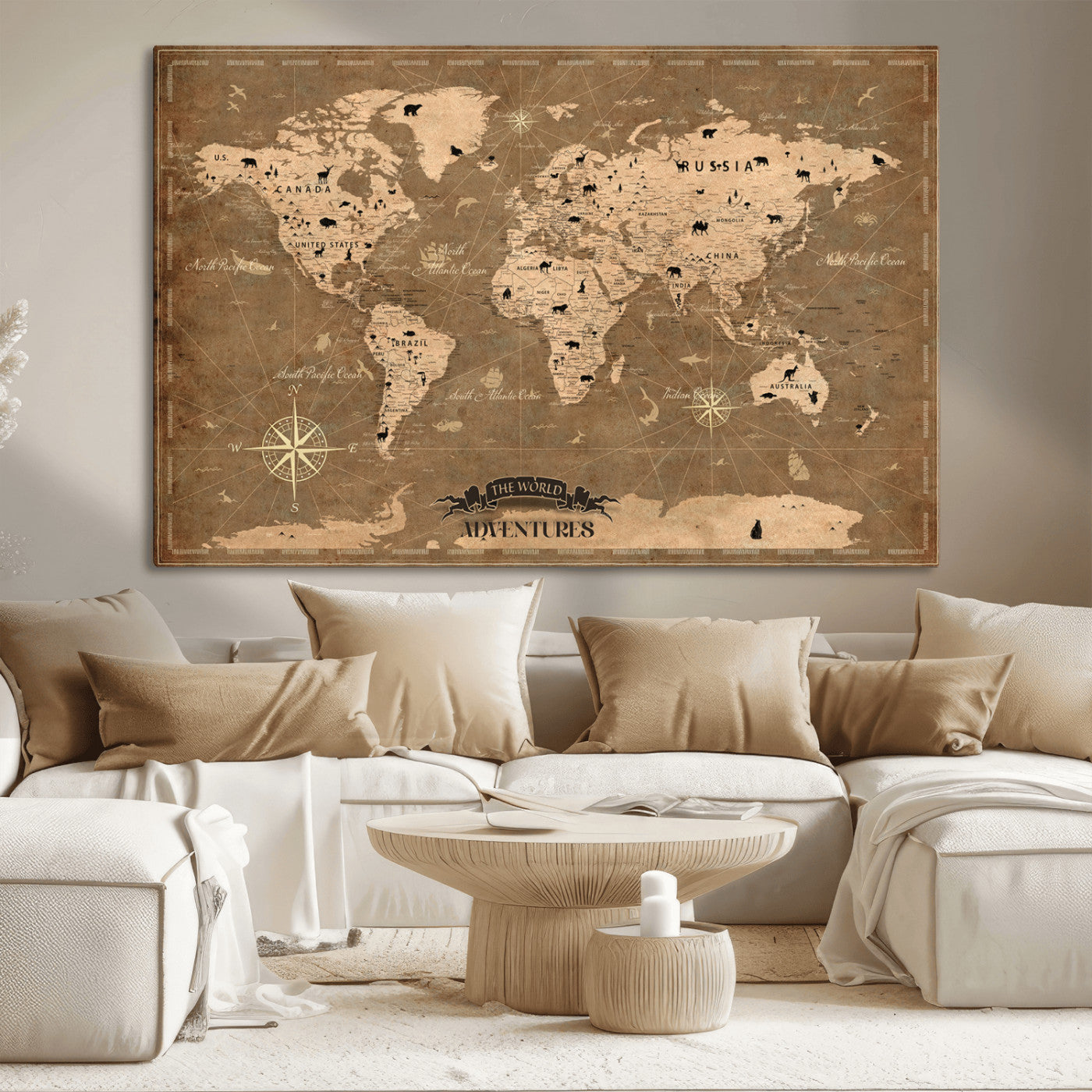 Rehber01-MGV-CV-36X24-Customize Push Pin World Map Wall Art Canvas Print – Personalized Kids Room Framed Map Travel Tracker for home, office