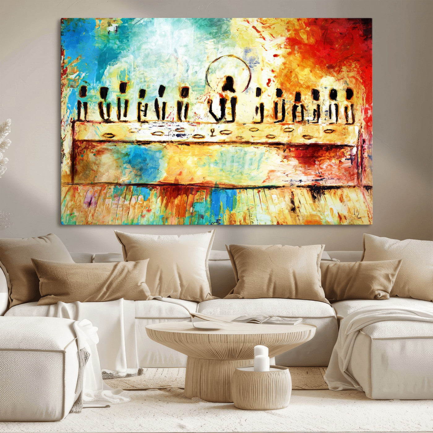 68892000-MGV-CV-36X24-Abstract Last Supper Art Print – Vibrant Contemporary Jesus and Disciples Modern Canvas Painting Artwork for Home Office