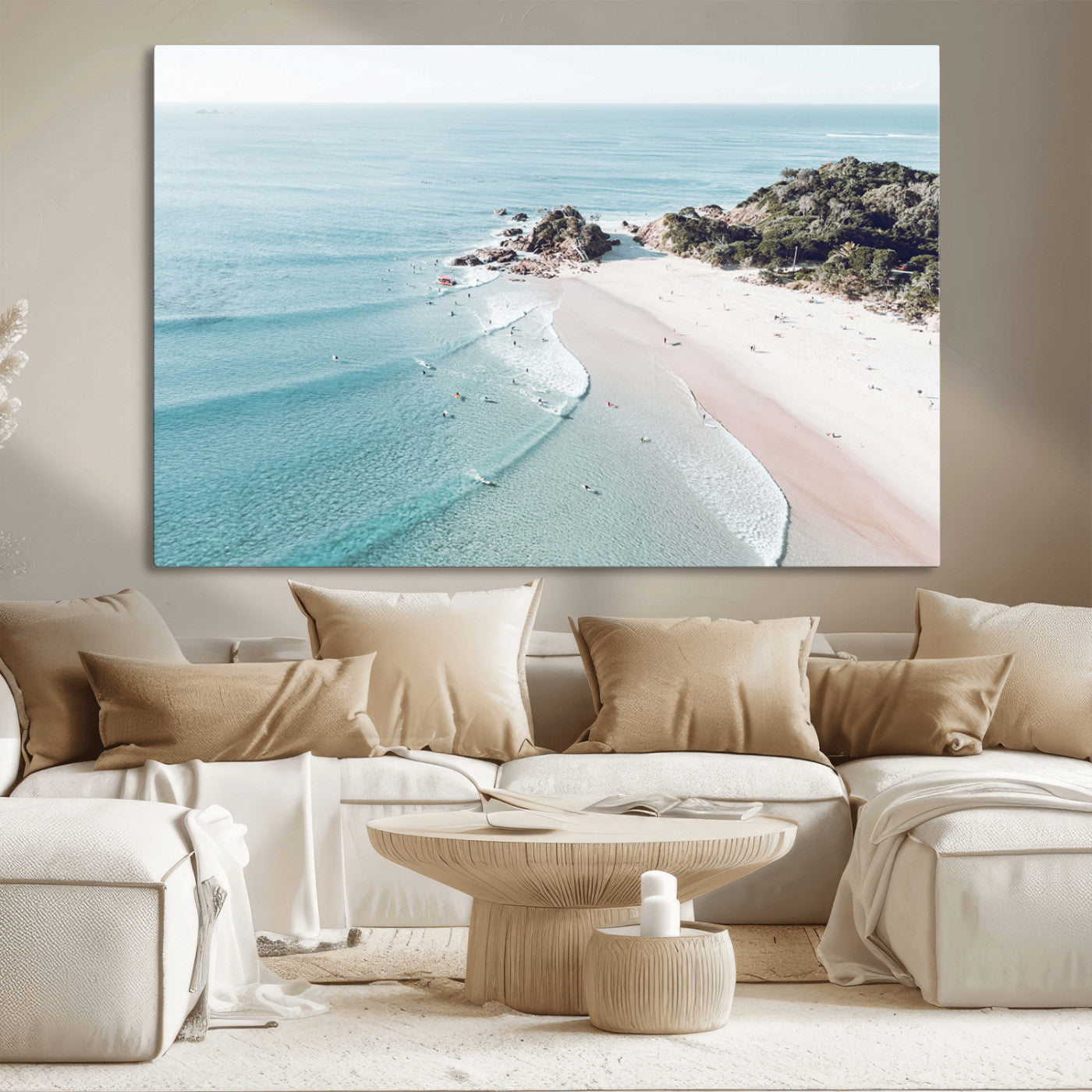 79395467-MGV-CV-36X24-Aerial Beach Canvas Wall Art Print, Coastal Ocean Waves and Surfers, Large Scenic Seaside Canvas for Home or Office 1 Panel Wrapped Canvas