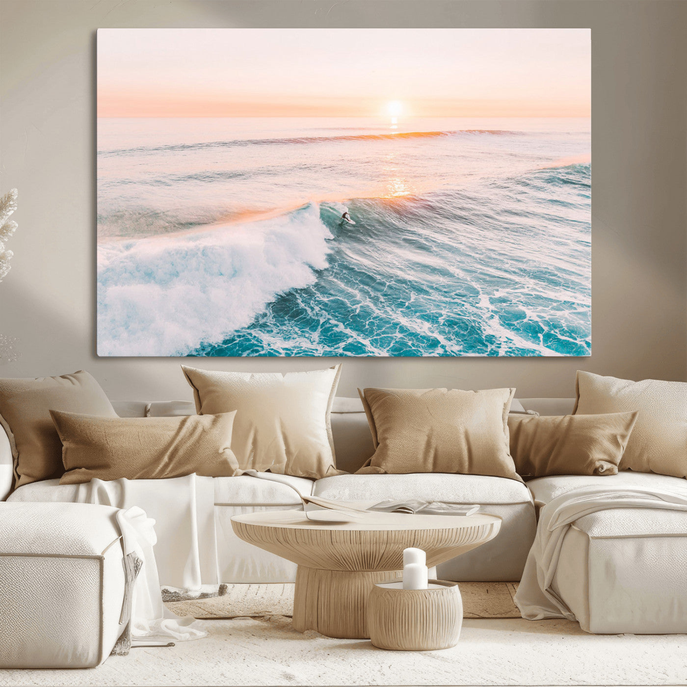 34064591-MGV-CV-36X24-Sunset Surfing Wall Art Canvas Print, Ocean Wave Surfer with Golden Sky Artwork for Home, Office, Living Room