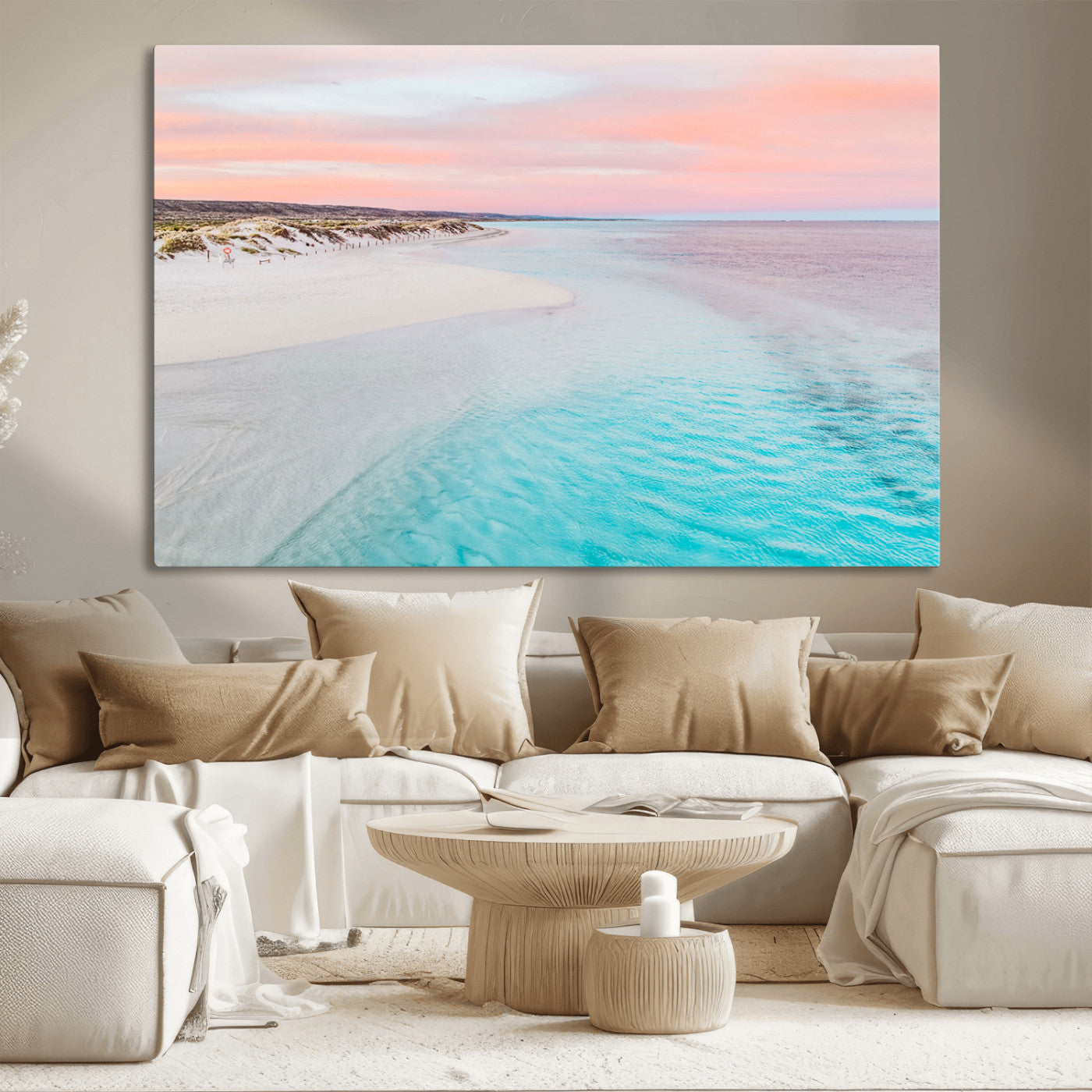 41613614-MGV-CV-36X24-Serene Pastel Beach Canvas Wall Art Print, Tranquil Coastal Sunset Decor, Large Ocean Landscape Canvas for Living Room or Bedroom 1 Panel Wrapped
