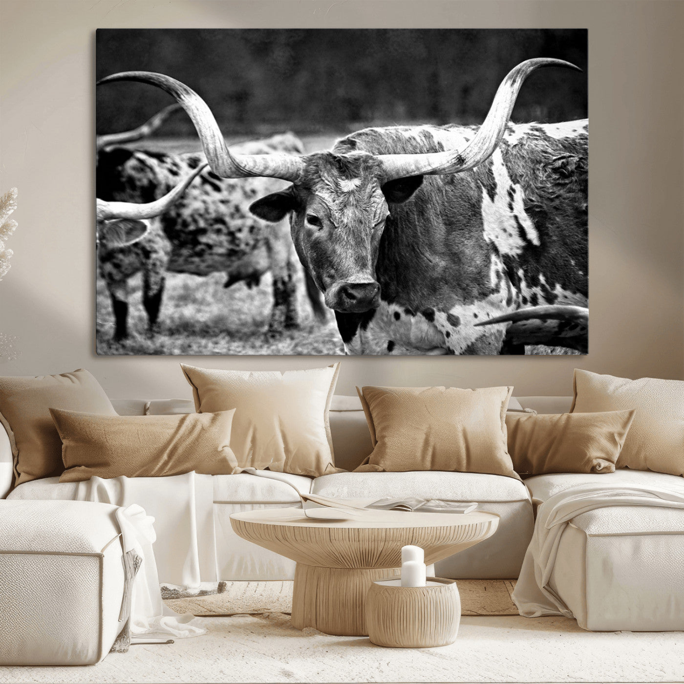15425553-MGV-CV-36X24-Black & White Longhorn Cattle Wall Art Canvas Print, Rustic Farmhouse Western Design Artwork for Home, Office