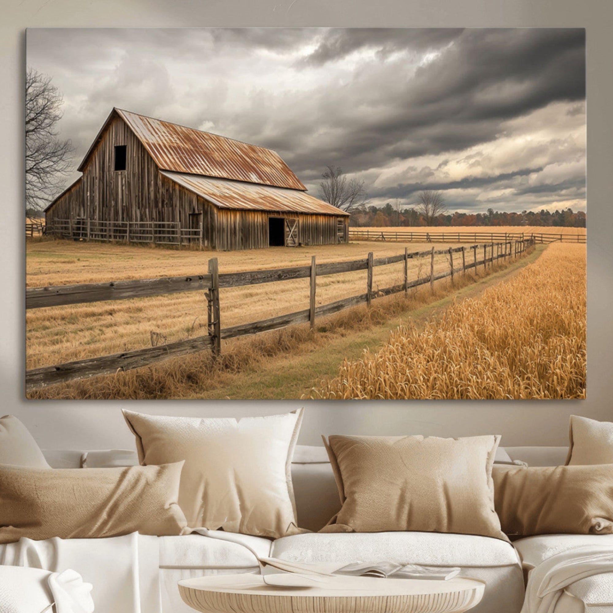 21991117-MGV-CV-36X24-Rustic Farm Barn Wall Art Canvas Print, Stormy Sky Country Landscape Artwork for Home, Office, Living Room
