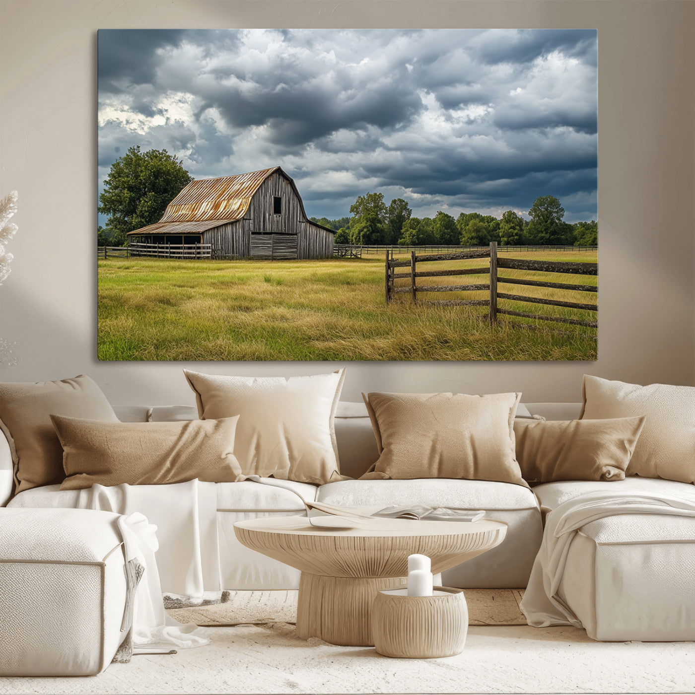 "Rustic barn in a wide open field under a dramatic sky with dark clouds, surrounded by a wooden fence and lush green trees."
