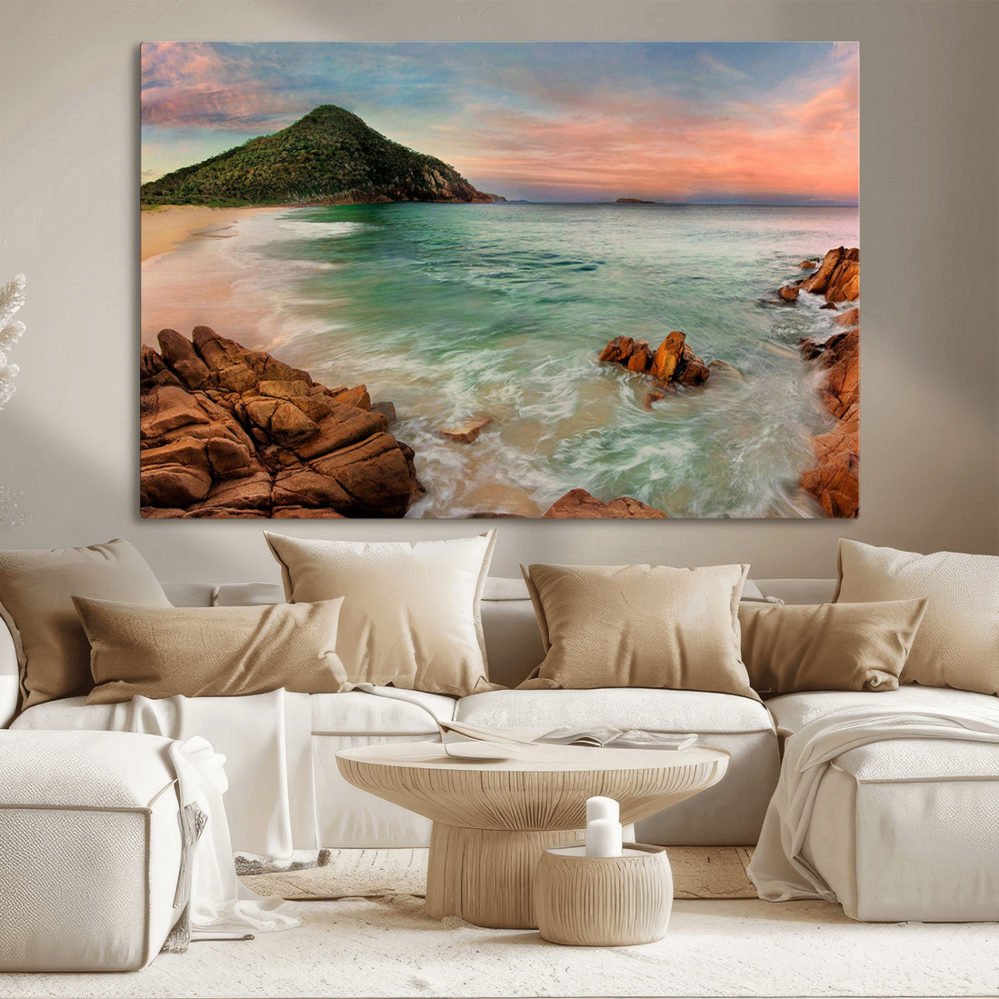 53831025-MGV-CV-36X24-Stunning Coastal Landscape with Rocky Shore and Green Hills at Sunset – Beautiful Ocean View Wall Art Canvas Print for Serene Home Decor.