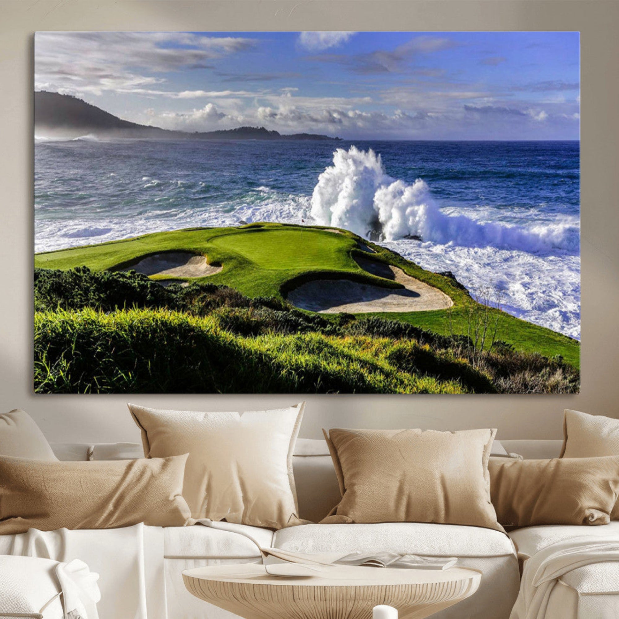 78508908-MGV-CV-36X24-Dramatic Ocean Waves Crash Against Rocky Coastline Beside Lush Green Golf Course Scenic Wall Art for Home, Office Decor