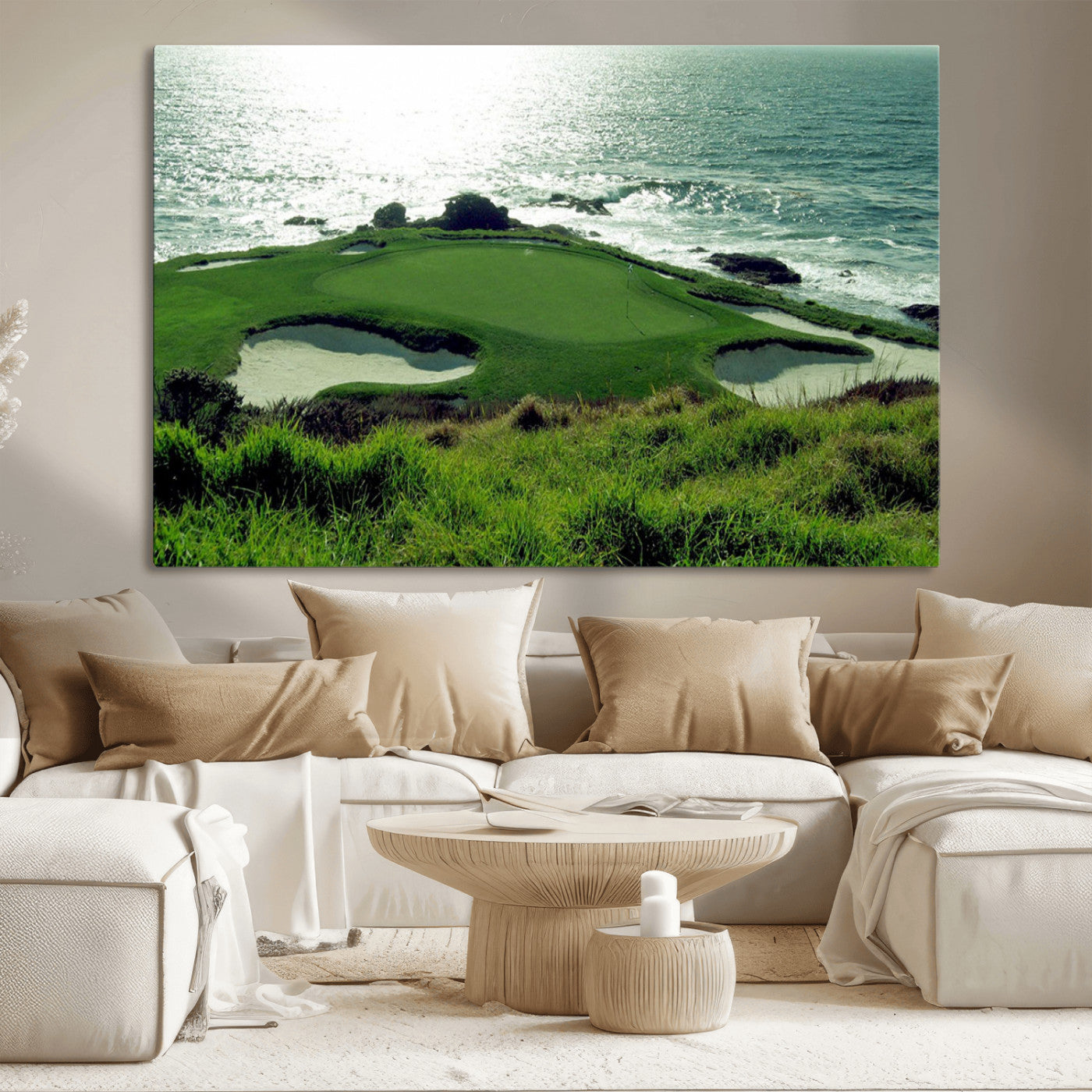 48473947-MGV-CV-36X24-Coastal Golf Course Wall Art Canvas Print – Scenic Green Surrounded by Sand Bunkers and Ocean Waves Artwork for Home, Office