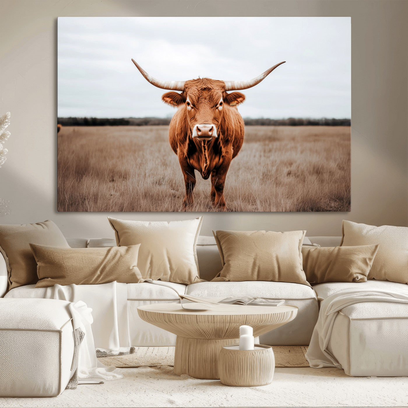 16316734-MGV-CV-36X24 - Longhorn bull, open field, rustic charm, natural beauty, Wall Art Canvas Print, countryside,