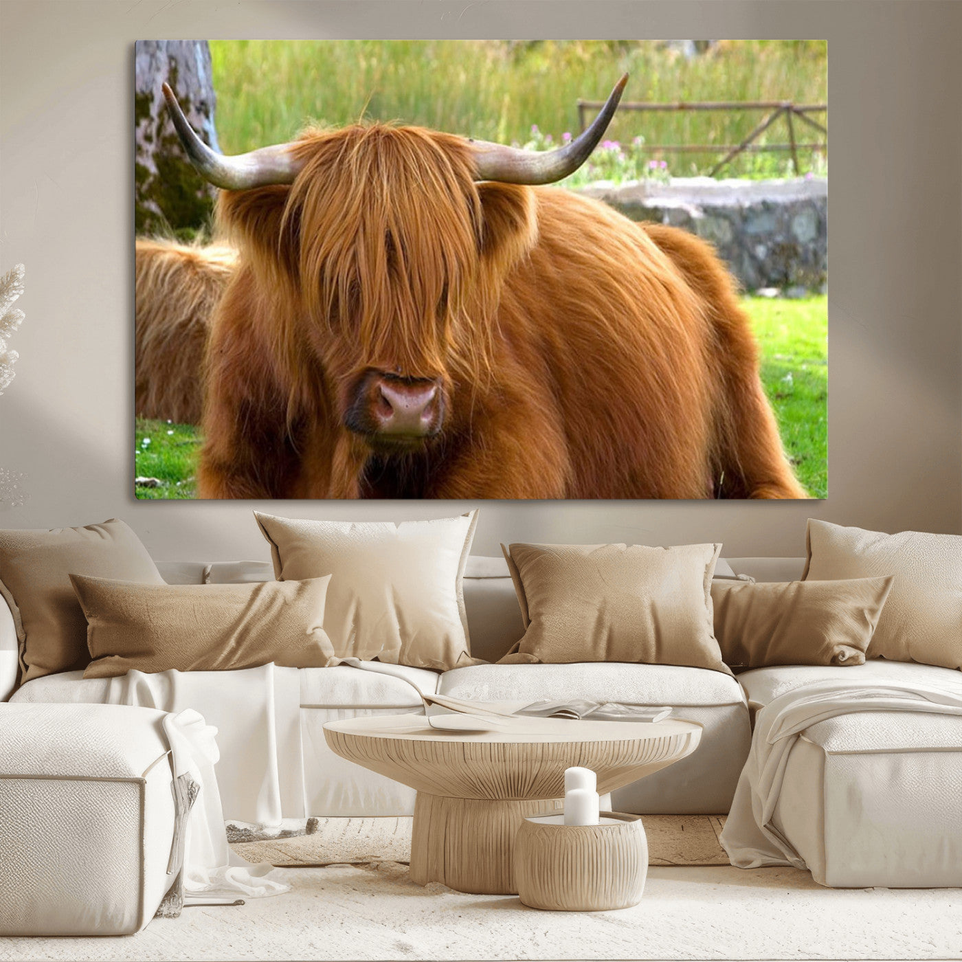 68411138-MGV-CV-36X24-Highland Cow Long Hair Rustic Farm Animal Horns Green Pasture Natural Beauty Outdoor Wall Art Canvas