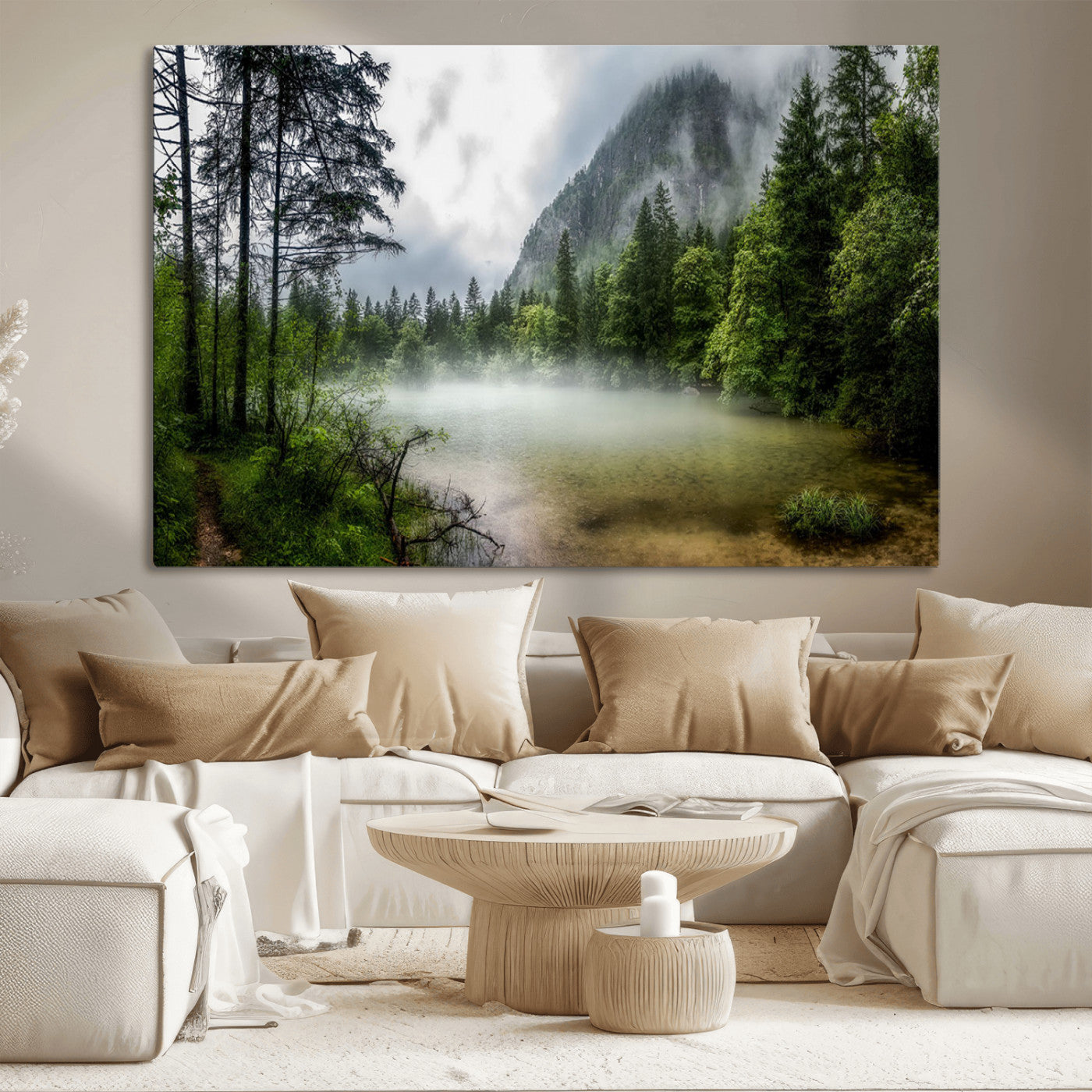 93123937-MGV-CV-36X24-Misty Lake Forest Green Trees Calm Water Reflection Mountain Fog Nature Landscape Outdoor Scenic Beauty Wall Art Canvas Print