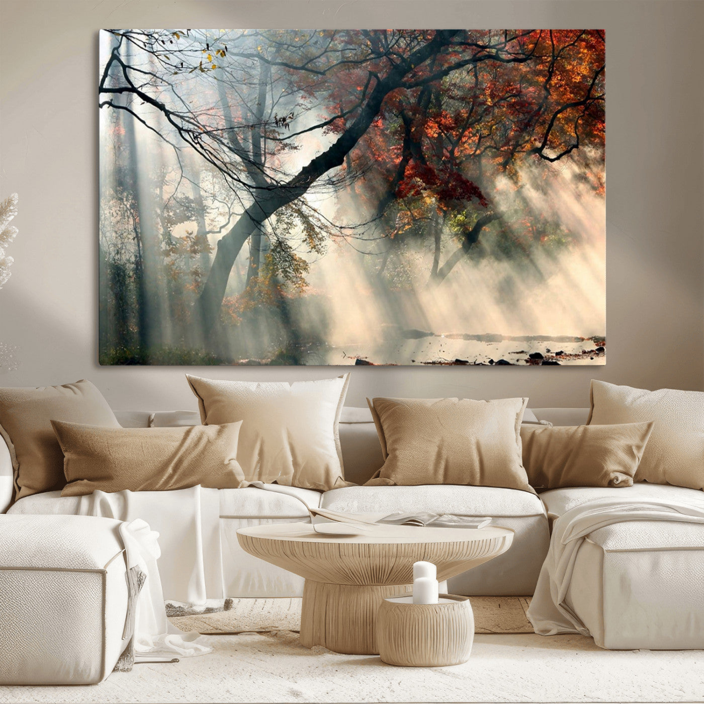 36043878-MGV-CV-36X24-Sunlit Autumn Forest Mist Trees Rays Fog Nature Scenic Peaceful Tranquil Leaves Landscape Morning
