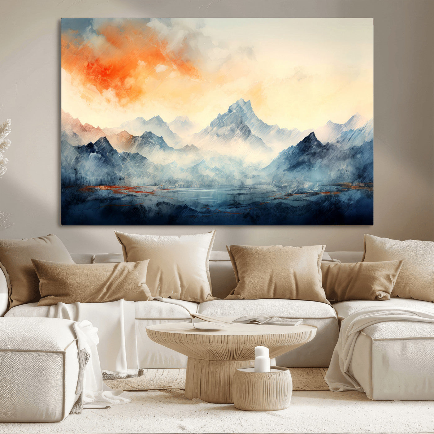 WRM1005-MGV-CV-36X24 - Warm Clouds Abstract Mountain Wall Art, Modern Landscape Canvas Print, Minimal Framed Artwork for Home, Office