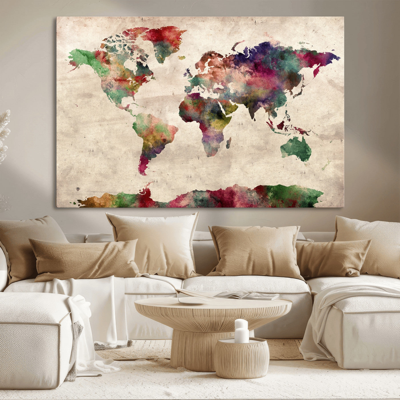 69476-MGV-CV-36X24-Watercolor World Map Canvas Print – Framed Push Pin Wall Art for Couples, Colorful Travel Map Artwork for Elegant Home and Office Decor
