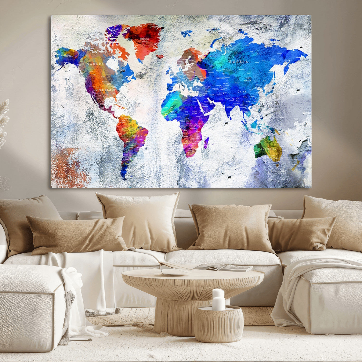 27352-MGV-CV-36X24-World Map Canvas Print – Colorful Abstract Push Pin Travel Map, Framed Wall Art for Home or Office Decor